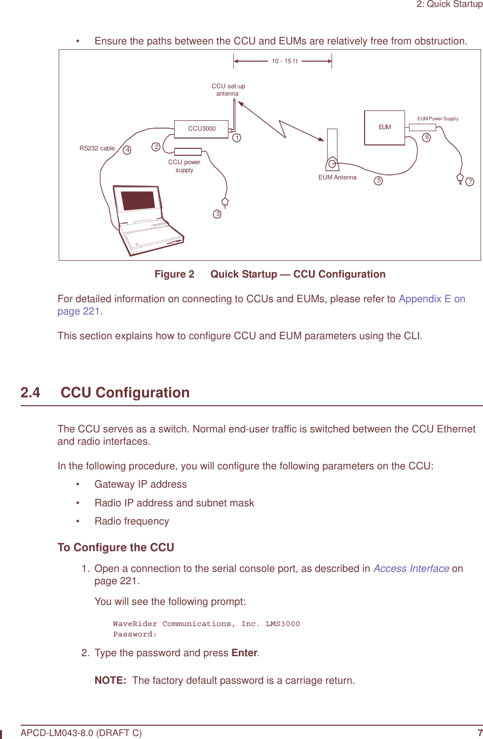 2: Quick StartupAPCD-LM043-8.0 (DRAFT C) 7• Ensure the paths between the CCU and EUMs are relatively free from obstruction.Figure 2   Quick Startup — CCU ConfigurationFor detailed information on connecting to CCUs and EUMs, please refer to Appendix E on page 221.This section explains how to configure CCU and EUM parameters using the CLI.2.4     CCU ConfigurationThe CCU serves as a switch. Normal end-user traffic is switched between the CCU Ethernet and radio interfaces.In the following procedure, you will configure the following parameters on the CCU:• Gateway IP address• Radio IP address and subnet mask• Radio frequencyTo Configure the CCU  1.  Open a connection to the serial console port, as described in Access Interface on page 221.You will see the following prompt:WaveRider Communications, Inc. LMS3000Password:  2. Type the password and press Enter.NOTE:  The factory default password is a carriage return.CCU3000RS232 cableCCU set-upantennaCCU powersupplyEUMEUM AntennaEUM Power Supply123456710 - 15 ft