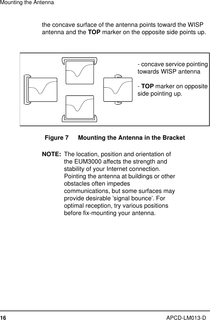 Mounting the Antenna16 APCD-LM013-Dthe concave surface of the antenna points toward the WISP antenna and the TOP marker on the opposite side points up.Figure 7   Mounting the Antenna in the BracketNOTE: The location, position and orientation of the EUM3000 affects the strength and stability of your Internet connection. Pointing the antenna at buildings or other obstacles often impedes communications, but some surfaces may provide desirable ’signal bounce’. For optimal reception, try various positions before fix-mounting your antenna.- concave service pointing towards WISP antenna- TOP marker on opposite side pointing up.