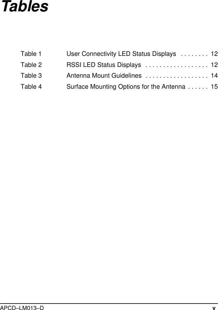 APCD–LM013–DvTablesTable 1 User Connectivity LED Status Displays   . . . . . . . .  12Table 2 RSSI LED Status Displays  . . . . . . . . . . . . . . . . . .  12Table 3 Antenna Mount Guidelines  . . . . . . . . . . . . . . . . . .  14Table 4 Surface Mounting Options for the Antenna  . . . . . .  15