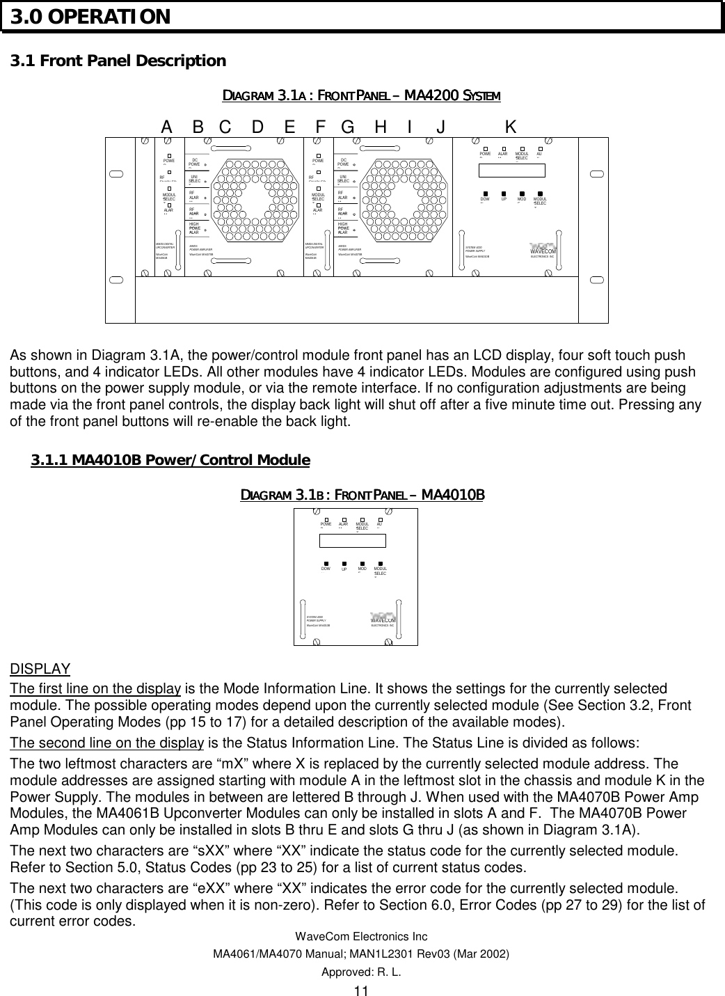   WaveCom Electronics Inc MA4061/MA4070 Manual; MAN1L2301 Rev03 (Mar 2002) Approved: R. L. 11 3.0 OPERATION  3.1 Front Panel Description DDDDIAGRAM IAGRAM IAGRAM IAGRAM 3.13.13.13.1A A A A : F: F: F: FRONT RONT RONT RONT PPPPANEL ANEL ANEL ANEL –––– MA4200 S MA4200 S MA4200 S MA4200 SYSTEMYSTEMYSTEMYSTEM     As shown in Diagram 3.1A, the power/control module front panel has an LCD display, four soft touch push buttons, and 4 indicator LEDs. All other modules have 4 indicator LEDs. Modules are configured using push buttons on the power supply module, or via the remote interface. If no configuration adjustments are being made via the front panel controls, the display back light will shut off after a five minute time out. Pressing any of the front panel buttons will re-enable the back light. 3.1.1 MA4010B Power/Control Module DDDDIAGRAM IAGRAM IAGRAM IAGRAM 3.13.13.13.1B B B B : F: F: F: FRONT RONT RONT RONT PPPPANEL ANEL ANEL ANEL –––– MA4010B MA4010B MA4010B MA4010B    DISPLAY The first line on the display is the Mode Information Line. It shows the settings for the currently selected module. The possible operating modes depend upon the currently selected module (See Section 3.2, Front Panel Operating Modes (pp 15 to 17) for a detailed description of the available modes). The second line on the display is the Status Information Line. The Status Line is divided as follows: The two leftmost characters are “mX” where X is replaced by the currently selected module address. The module addresses are assigned starting with module A in the leftmost slot in the chassis and module K in the Power Supply. The modules in between are lettered B through J. When used with the MA4070B Power Amp Modules, the MA4061B Upconverter Modules can only be installed in slots A and F.  The MA4070B Power Amp Modules can only be installed in slots B thru E and slots G thru J (as shown in Diagram 3.1A). The next two characters are “sXX” where “XX” indicate the status code for the currently selected module. Refer to Section 5.0, Status Codes (pp 23 to 25) for a list of current status codes. The next two characters are “eXX” where “XX” indicates the error code for the currently selected module. (This code is only displayed when it is non-zero). Refer to Section 6.0, Error Codes (pp 27 to 29) for the list of current error codes.  A    B   C    D    E    F   G    H    I     J            K MMDS POWER AM PLIFIER WaveCom M A4070BDC POWERRF HIGHALARMRF LOWALARMHIGH REVPOWERALARMUNITSELECTMMDSPOWER AM PLIFIERWaveCom M A4070BDCPOWERRF HIGHALARMRF LOWALARMHIGH REVPOWERALARMUNITSELECTWaveComMA4061BPOWERMODULESELECTALARMMMDS DIGITALUPCONVERTERRF ENABLEDWaveCom MA4061B POWERMODULESELECTALARMMMDS DIGITAL UPCONVERTER RF ENABLEDPOWERALARMMODULESELECTAUXDOWNUP MODULESELECTMODEWAVECOM ELECTRONICS  INC SYSTEM 4000POWER SUPPLYWaveCom M A4010B POWERALARMMODULESELECTAUXDOWNUP MODULESELECTMODEWAVECOMELECTRO NICS  INCSYSTEM 4000POWER SUPPLYWaveCom MA4010B