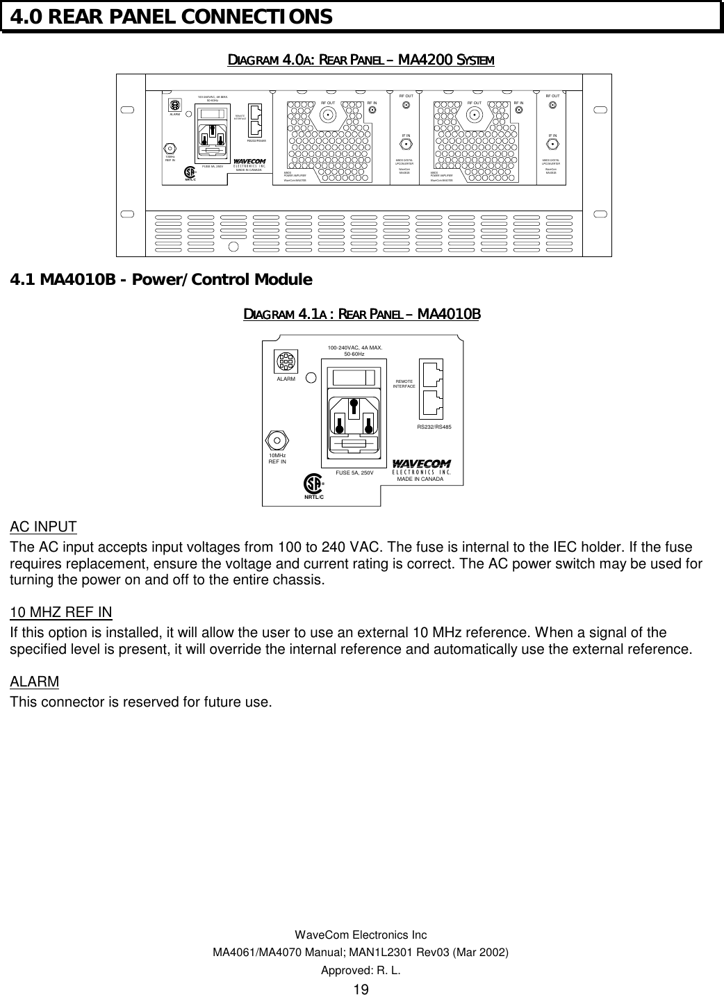   WaveCom Electronics Inc MA4061/MA4070 Manual; MAN1L2301 Rev03 (Mar 2002) Approved: R. L. 19 4.0 REAR PANEL CONNECTIONS DDDDIAGRAM IAGRAM IAGRAM IAGRAM 4.04.04.04.0AAAA: R: R: R: REAR EAR EAR EAR PPPPANEL ANEL ANEL ANEL –––– MA4200 S MA4200 S MA4200 S MA4200 SYSTEMYSTEMYSTEMYSTEM    4.1 MA4010B - Power/Control Module DDDDIAGRAM IAGRAM IAGRAM IAGRAM 4.14.14.14.1A A A A : R: R: R: REAR EAR EAR EAR PPPPANEL ANEL ANEL ANEL –––– MA4010B MA4010B MA4010B MA4010B    AC INPUT  The AC input accepts input voltages from 100 to 240 VAC. The fuse is internal to the IEC holder. If the fuse requires replacement, ensure the voltage and current rating is correct. The AC power switch may be used for turning the power on and off to the entire chassis. 10 MHZ REF IN If this option is installed, it will allow the user to use an external 10 MHz reference. When a signal of the specified level is present, it will override the internal reference and automatically use the external reference. ALARM This connector is reserved for future use.  REMOTEINTERFACEMADE IN CANADA100-240VAC, 4A MAX.50-60HzFUSE 5A, 250VALARM10MHzREF INRS232/RS485NRTL/CRF OUTIF INMMDS DIGITALUPCONVERTERWaveComMA4061BRF OUTIF INMMDS DIGITALUPCONVERTERWaveComMA4061BRF OUT RF INMMDSPOWER AMPLIFIERWaveCom MA4070BRF OUT RF INMMDSPOWER AMPLIFIERWaveCom MA4070BREMOTEINTERFACEMADE IN CANADA100-240VAC, 4A MAX.50-60HzFUSE 5A, 250VALARM10MHzREF INRS232/RS485NRTL/C