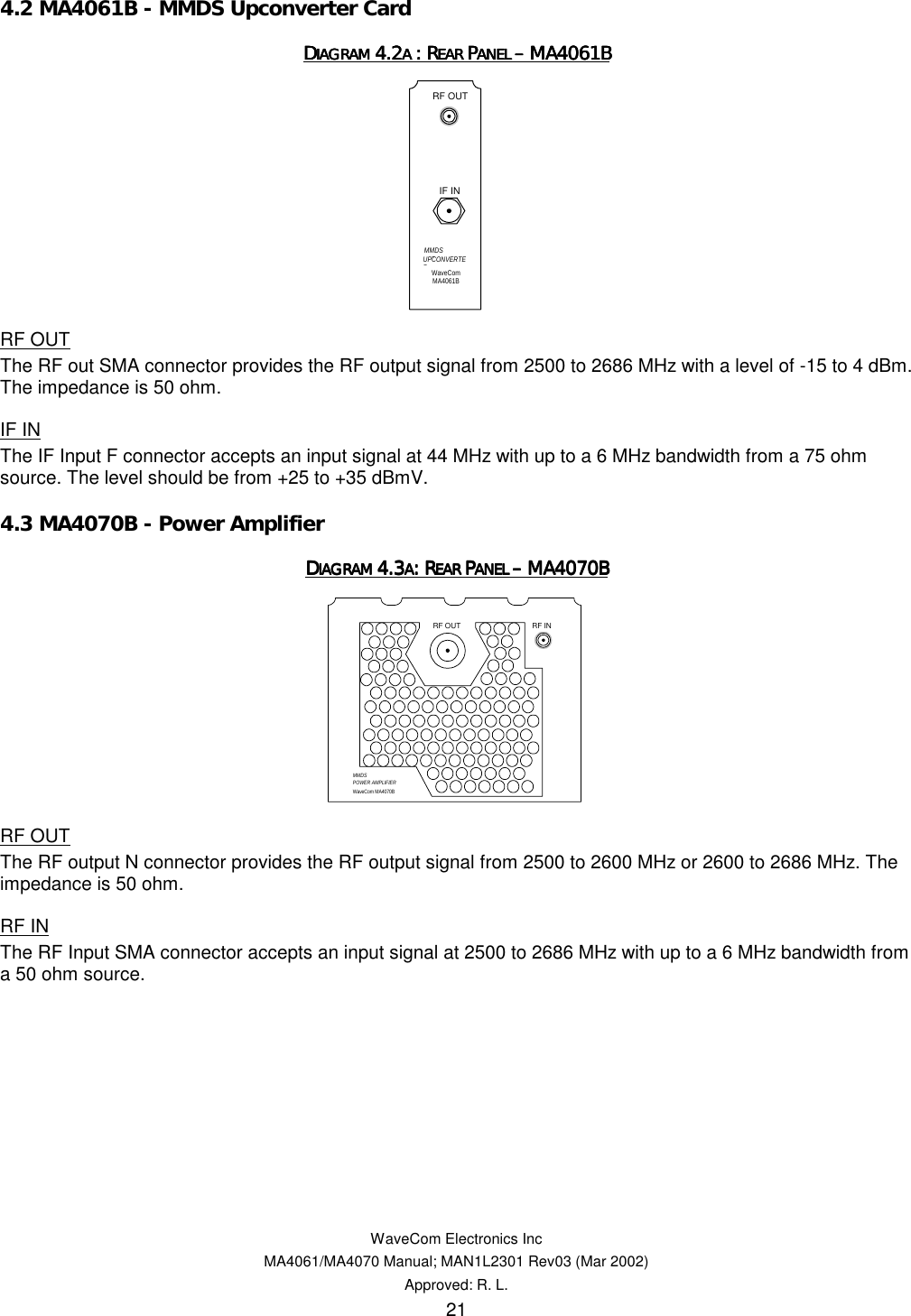   WaveCom Electronics Inc MA4061/MA4070 Manual; MAN1L2301 Rev03 (Mar 2002) Approved: R. L. 21 4.2 MA4061B - MMDS Upconverter Card DDDDIAGRAM IAGRAM IAGRAM IAGRAM 4.24.24.24.2A A A A : R: R: R: REAR EAR EAR EAR PPPPANEL ANEL ANEL ANEL –––– MA4061B MA4061B MA4061B MA4061B    RF OUT The RF out SMA connector provides the RF output signal from 2500 to 2686 MHz with a level of -15 to 4 dBm. The impedance is 50 ohm. IF IN The IF Input F connector accepts an input signal at 44 MHz with up to a 6 MHz bandwidth from a 75 ohm source. The level should be from +25 to +35 dBmV. 4.3 MA4070B - Power Amplifier DDDDIAGRAM IAGRAM IAGRAM IAGRAM 4.34.34.34.3AAAA: R: R: R: REAR EAR EAR EAR PPPPANEL ANEL ANEL ANEL –––– MA4070B MA4070B MA4070B MA4070B    RF OUT The RF output N connector provides the RF output signal from 2500 to 2600 MHz or 2600 to 2686 MHz. The impedance is 50 ohm. RF IN The RF Input SMA connector accepts an input signal at 2500 to 2686 MHz with up to a 6 MHz bandwidth from a 50 ohm source.   RF OUT RF INMMDSPOWER AMPLIFIERWaveCom MA4070B RF OUTIF INMMDS GUPCONVERTERWaveComMA4061B