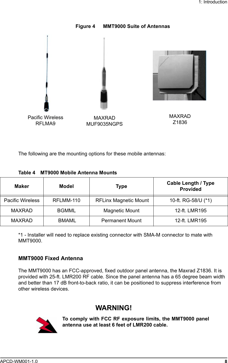 1: IntroductionAPCD-WM001-1.0 8Figure 4   MMT9000 Suite of AntennasThe following are the mounting options for these mobile antennas:Table 4 MT9000 Mobile Antenna Mounts*1 - Installer will need to replace existing connector with SMA-M connector to mate with MMT9000.MMT9000 Fixed AntennaThe MMT9000 has an FCC-approved, fixed outdoor panel antenna, the Maxrad Z1836. It is provided with 25-ft. LMR200 RF cable. Since the panel antenna has a 65 degree beam width and better than 17 dB front-to-back ratio, it can be positioned to suppress interference from other wireless devices.WARNING!To comply with FCC RF exposure limits, the MMT9000 panelantenna use at least 6 feet of LMR200 cable.Pacific Wireless RFLMA9MAXRAD MUF9035NGPSMAXRAD Z1836Maker Model Type Cable Length / Type ProvidedPacific Wireless RFLMM-110  RFLinx Magnetic Mount 10-ft. RG-58/U (*1)MAXRAD BGMML Magnetic Mount 12-ft. LMR195MAXRAD  BMAML Permanent Mount  12-ft. LMR195