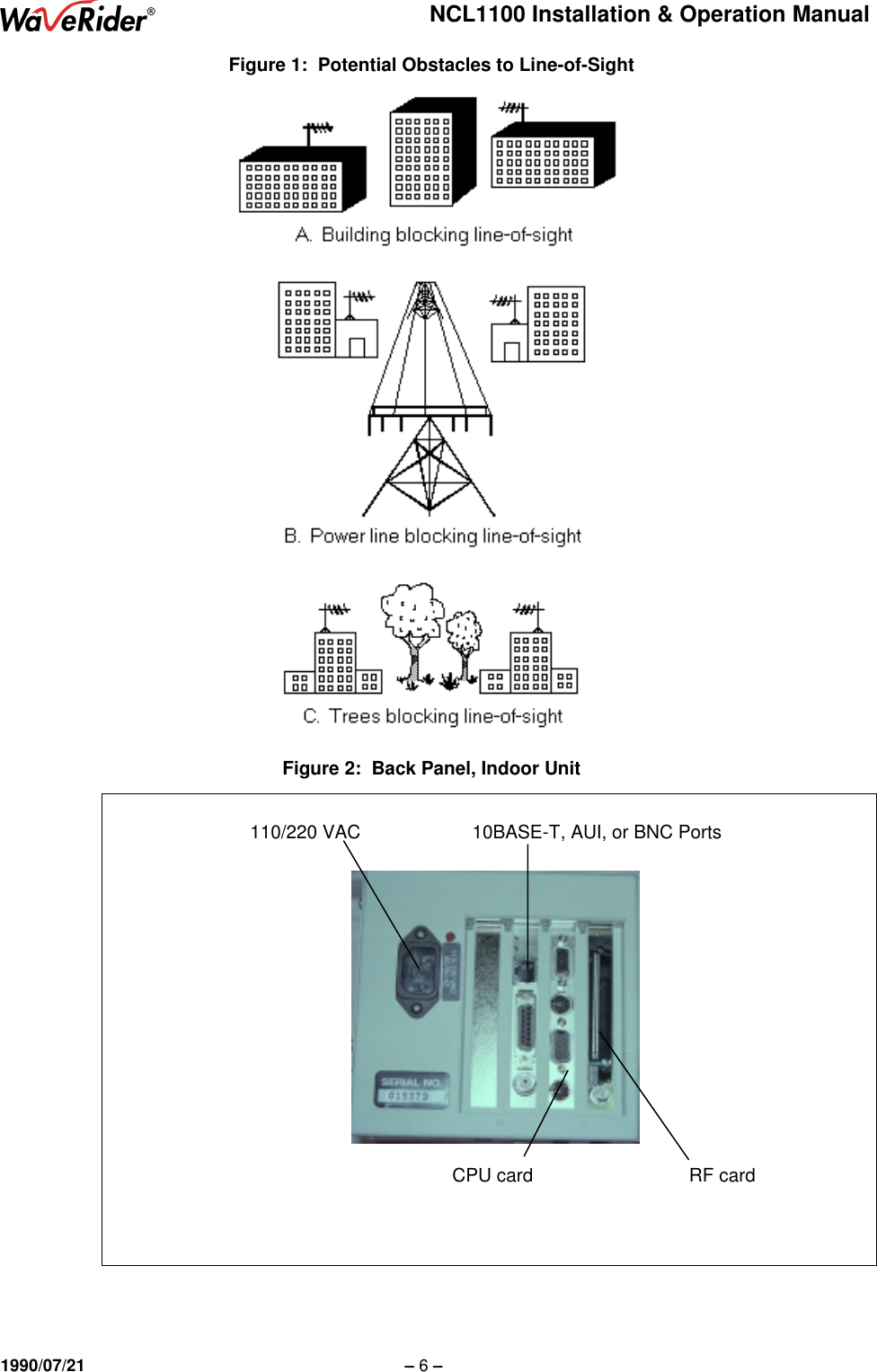 NCL1100 Installation &amp; Operation Manual1990/07/21 – 6 –Figure 1:  Potential Obstacles to Line-of-SightFigure 2:  Back Panel, Indoor Unit110/220 VAC 10BASE-T, AUI, or BNC PortsCPU card RF card