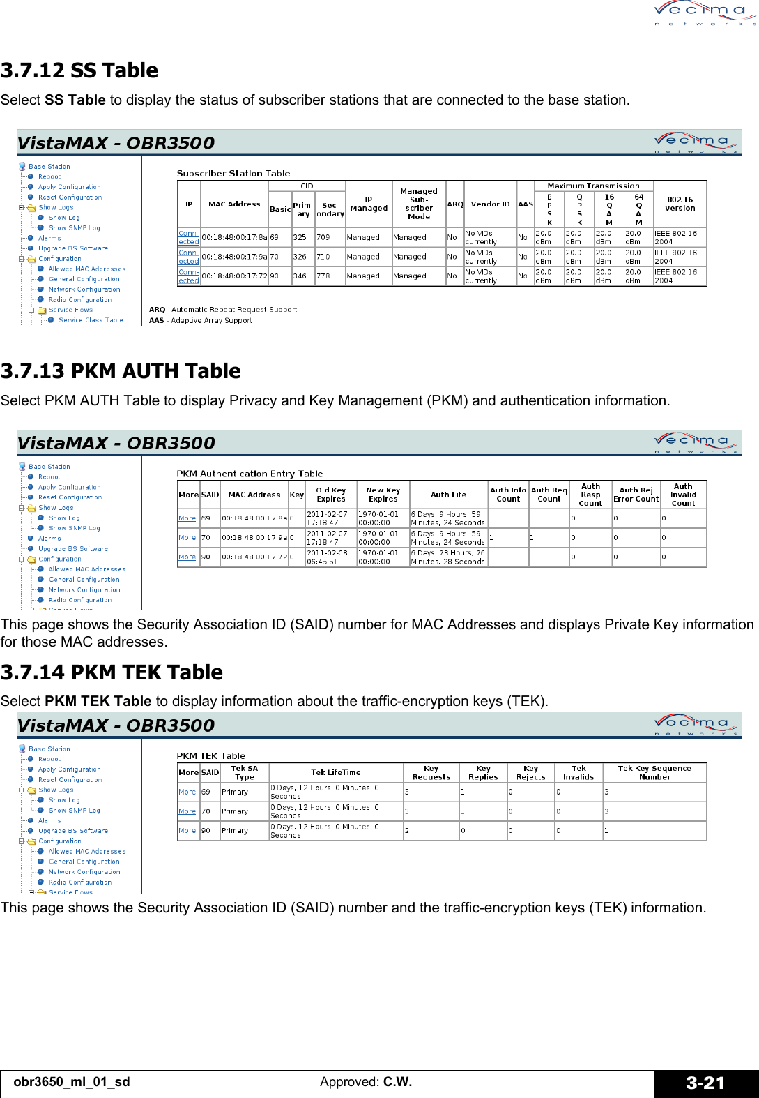 obr3650_ml_01_sd Approved: C.W. 3-213.7.12 SS TableSelect SS Table to display the status of subscriber stations that are connected to the base station.3.7.13 PKM AUTH TableSelect PKM AUTH Table to display Privacy and Key Management (PKM) and authentication information.This page shows the Security Association ID (SAID) number for MAC Addresses and displays Private Key information for those MAC addresses.3.7.14 PKM TEK TableSelect PKM TEK Table to display information about the traffic-encryption keys (TEK).This page shows the Security Association ID (SAID) number and the traffic-encryption keys (TEK) information.