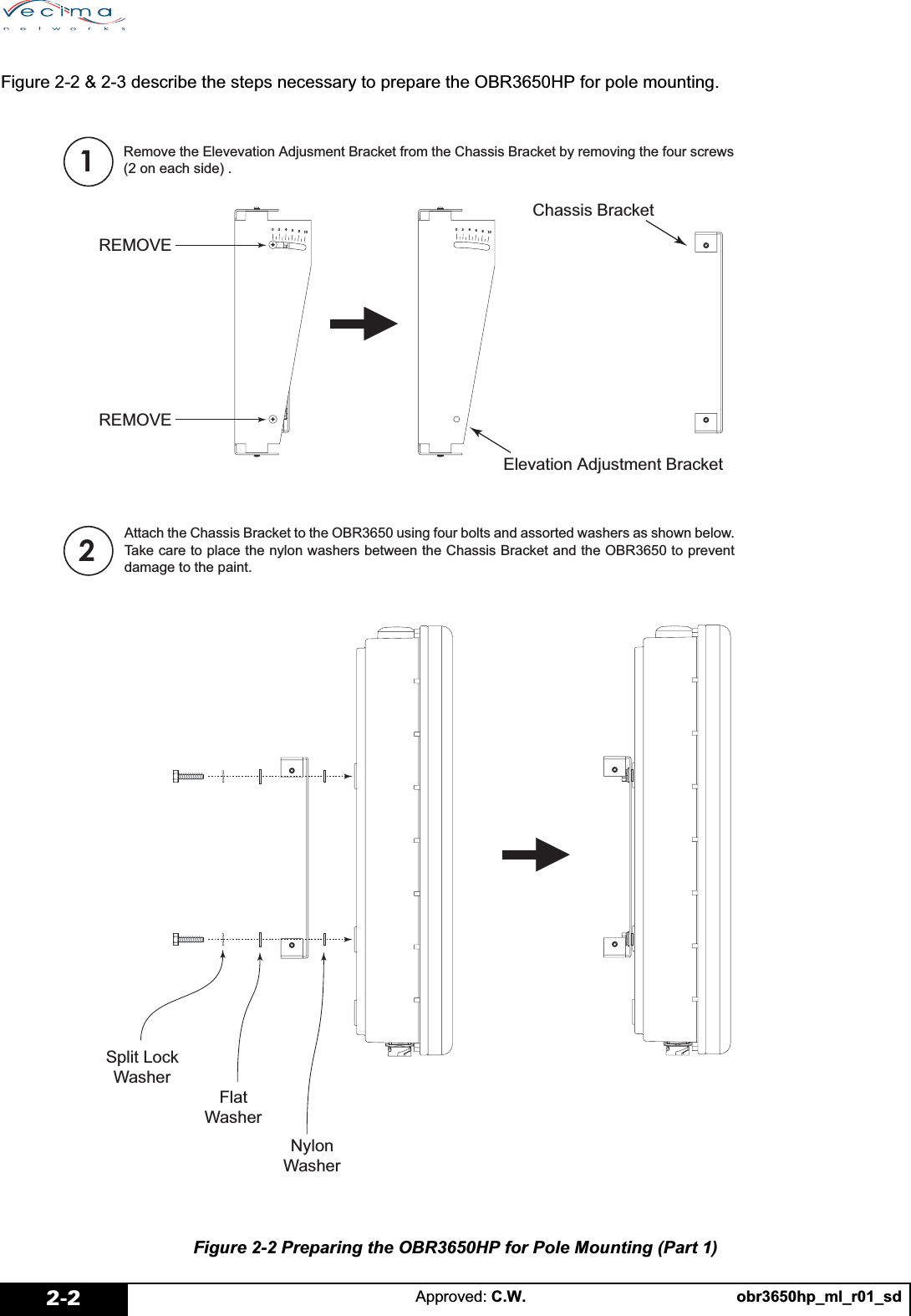 obr3650hp_ml_r01_sdApproved: C.W.2-2Figure 2-2 &amp; 2-3 describe the steps necessary to prepare the OBR3650HP for pole mounting.Figure 2-2 Preparing the OBR3650HP for Pole Mounting (Part 1)5HPRYHWKH(OHYHYDWLRQ$GMXVPHQW%UDFNHWIURPWKH&amp;KDVVLV%UDFNHWE\UHPRYLQJWKHIRXUVFUHZVRQHDFKVLGH5(029(5(029(&amp;KDVVLV%UDFNHW(OHYDWLRQ$GMXVWPHQW%UDFNHW$WWDFKWKH&amp;KDVVLV%UDFNHWWRWKH2%5XVLQJIRXUEROWVDQGDVVRUWHGZDVKHUVDVVKRZQEHORZ7DNHFDUHWRSODFHWKHQ\ORQZDVKHUVEHWZHHQWKH&amp;KDVVLV%UDFNHWDQGWKH2%5WRSUHYHQWGDPDJHWRWKHSDLQW6SOLW/RFN:DVKHU)ODW:DVKHU1\ORQ:DVKHU