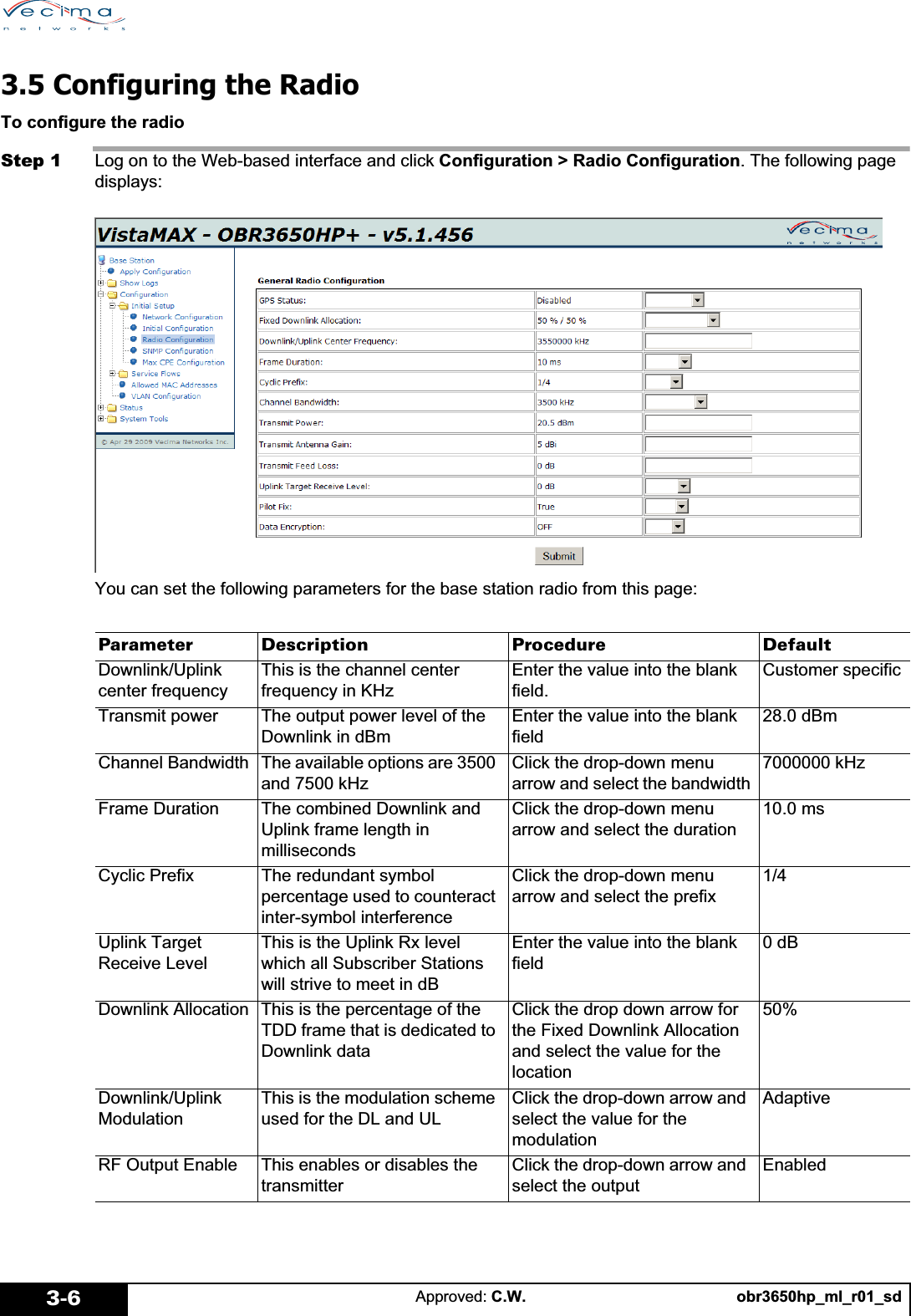 obr3650hp_ml_r01_sdApproved: C.W.3-63.5 Configuring the RadioTo configure the radioStep 1 Log on to the Web-based interface and click Configuration &gt; Radio Configuration. The following page displays:You can set the following parameters for the base station radio from this page:Parameter Description Procedure DefaultDownlink/Uplinkcenter frequencyThis is the channel center frequency in KHzEnter the value into the blank field.Customer specificTransmit power The output power level of the Downlink in dBmEnter the value into the blank field28.0 dBmChannel Bandwidth The available options are 3500 and 7500 kHzClick the drop-down menu arrow and select the bandwidth7000000 kHzFrame Duration The combined Downlink and Uplink frame length in millisecondsClick the drop-down menu arrow and select the duration10.0 msCyclic Prefix The redundant symbol percentage used to counteract inter-symbol interferenceClick the drop-down menu arrow and select the prefix1/4Uplink Target Receive LevelThis is the Uplink Rx level which all Subscriber Stations will strive to meet in dBEnter the value into the blank field0 dBDownlink Allocation This is the percentage of the TDD frame that is dedicated to Downlink dataClick the drop down arrow for the Fixed Downlink Allocation and select the value for the location50%Downlink/UplinkModulationThis is the modulation scheme used for the DL and ULClick the drop-down arrow and select the value for the modulationAdaptiveRF Output Enable This enables or disables the transmitterClick the drop-down arrow and select the outputEnabled