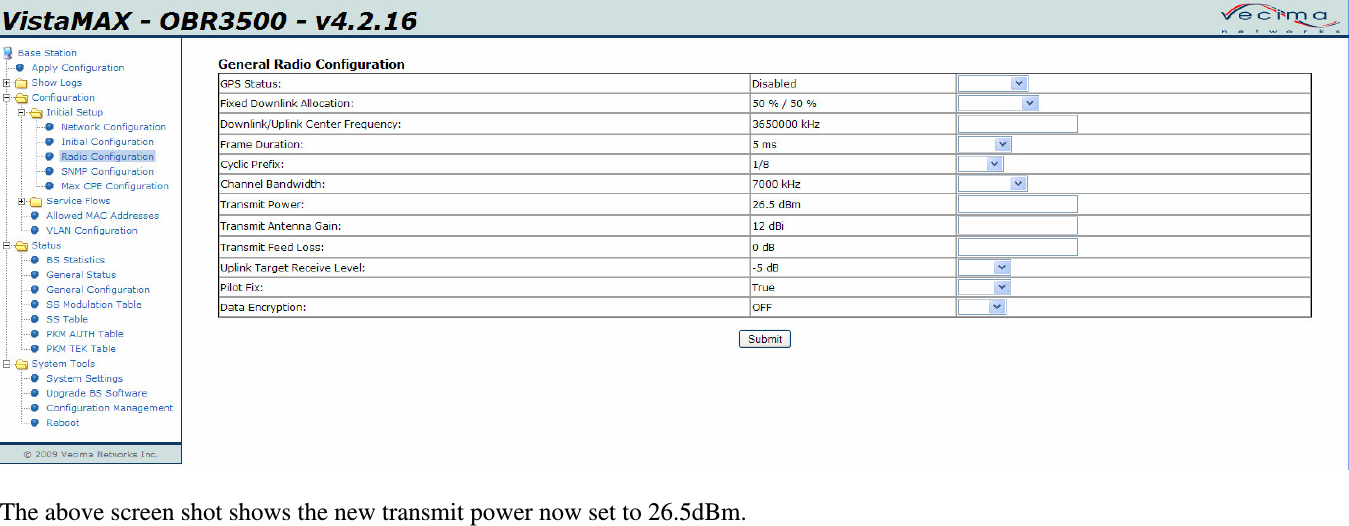 The above screen shot shows the new transmit power now set to 26.5dBm.