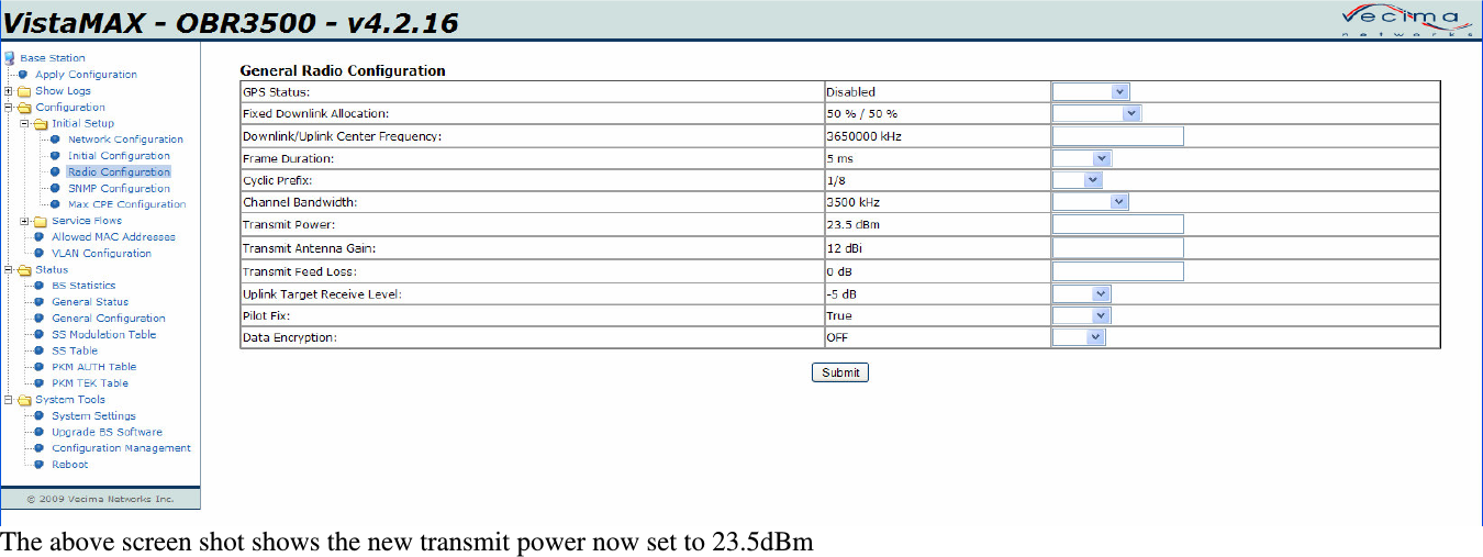 The above screen shot shows the new transmit power now set to 23.5dBm