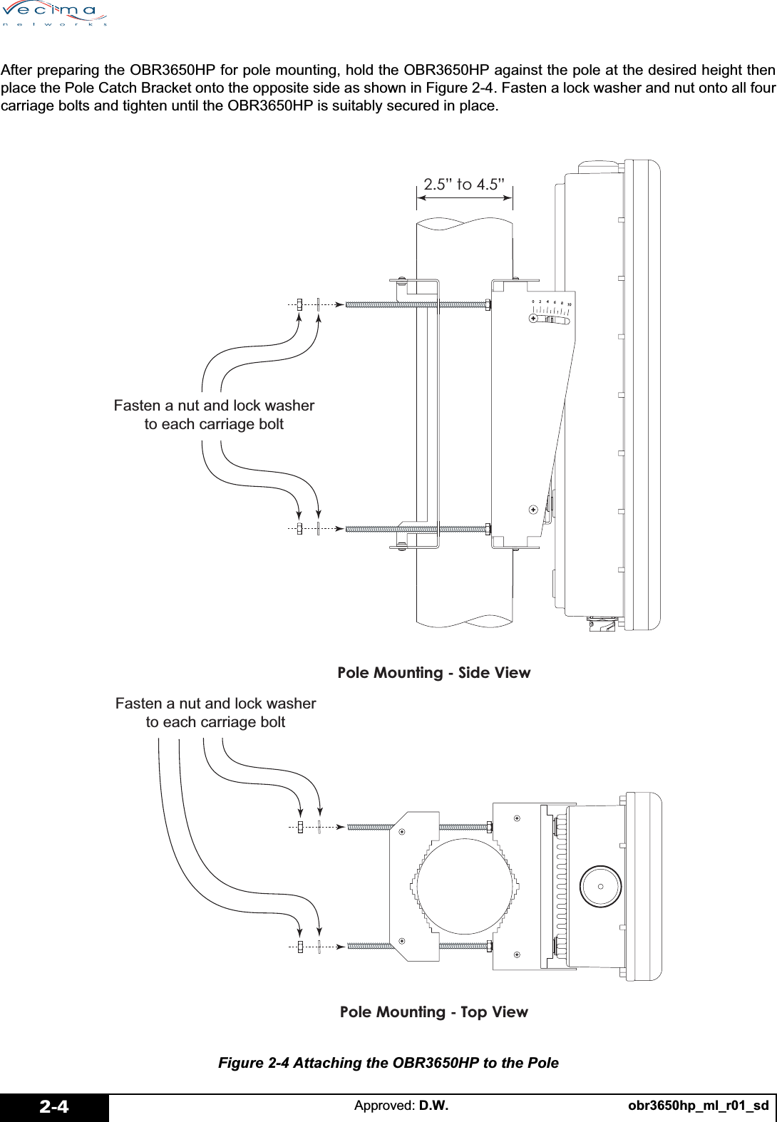 obr3650hp_ml_r01_sdApproved: D.W.2-4After preparing the OBR3650HP for pole mounting, hold the OBR3650HP against the pole at the desired height thenplace the Pole Catch Bracket onto the opposite side as shown in Figure 2-4. Fasten a lock washer and nut onto all fourcarriage bolts and tighten until the OBR3650HP is suitably secured in place.Figure 2-4 Attaching the OBR3650HP to the Pole3ROH0RXQWLQJ6LGH9LHZ3ROH0RXQWLQJ7RS9LHZµWRµ)DVWHQDQXWDQGORFNZDVKHUWRHDFKFDUULDJHEROW)DVWHQDQXWDQGORFNZDVKHUWRHDFKFDUULDJHEROW