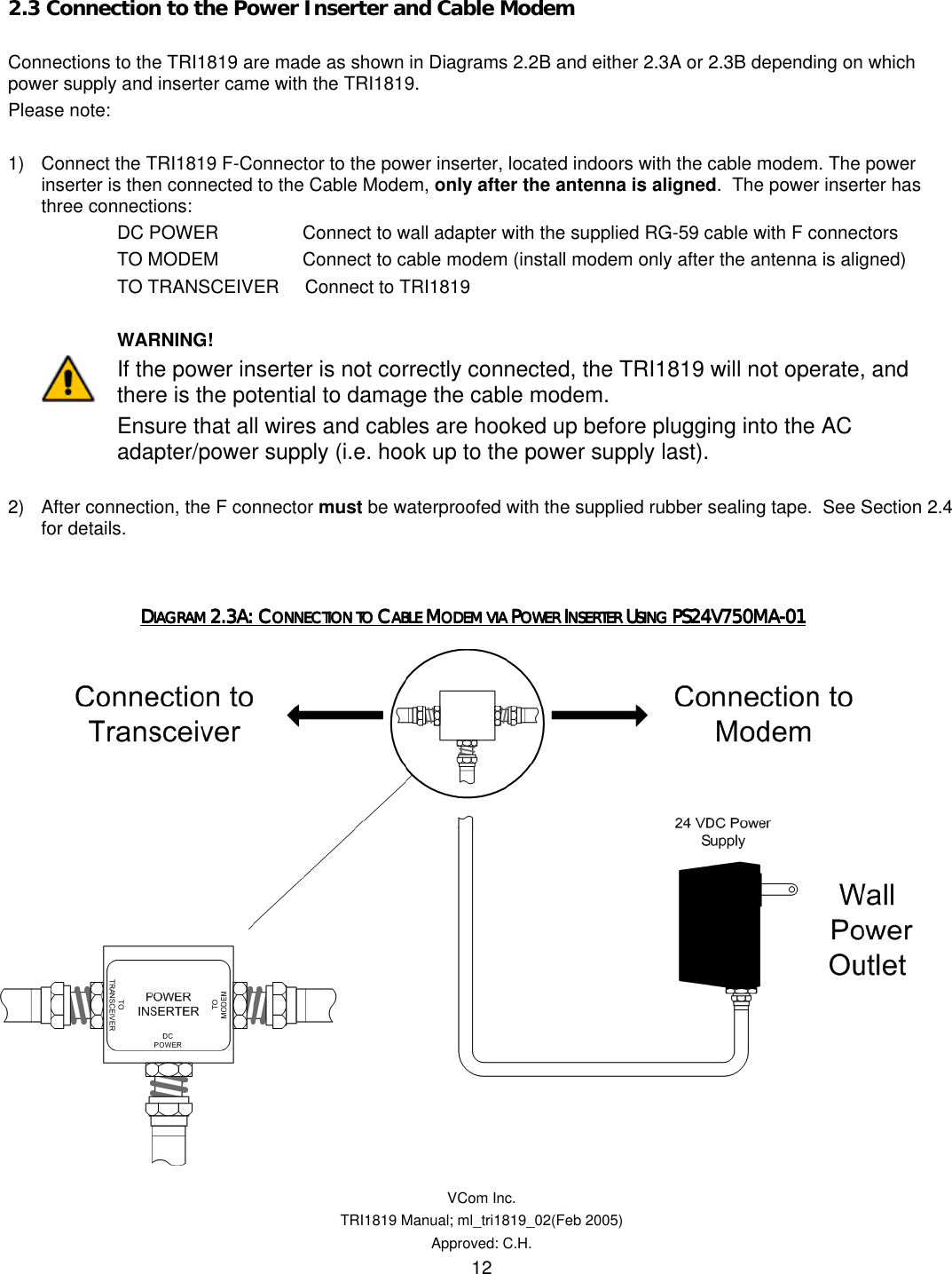  VCom Inc. TRI1819 Manual; ml_tri1819_02(Feb 2005) Approved: C.H.  12 2.3 Connection to the Power Inserter and Cable Modem  Connections to the TRI1819 are made as shown in Diagrams 2.2B and either 2.3A or 2.3B depending on which power supply and inserter came with the TRI1819.   Please note:  1)  Connect the TRI1819 F-Connector to the power inserter, located indoors with the cable modem. The power inserter is then connected to the Cable Modem, only after the antenna is aligned.  The power inserter has three connections: DC POWER       Connect to wall adapter with the supplied RG-59 cable with F connectors TO MODEM       Connect to cable modem (install modem only after the antenna is aligned) TO TRANSCEIVER     Connect to TRI1819         WARNING! If the power inserter is not correctly connected, the TRI1819 will not operate, and there is the potential to damage the cable modem.   Ensure that all wires and cables are hooked up before plugging into the AC adapter/power supply (i.e. hook up to the power supply last).  2)  After connection, the F connector must be waterproofed with the supplied rubber sealing tape.  See Section 2.4 for details.     DDDDIAGRAM IAGRAM IAGRAM IAGRAM 2.3A: C2.3A: C2.3A: C2.3A: CONNECTION TO ONNECTION TO ONNECTION TO ONNECTION TO CCCCABLE ABLE ABLE ABLE MMMMODEM VIA ODEM VIA ODEM VIA ODEM VIA PPPPOWER OWER OWER OWER IIIINSERTER NSERTER NSERTER NSERTER UUUUSING SING SING SING PS24V750MAPS24V750MAPS24V750MAPS24V750MA----01010101        