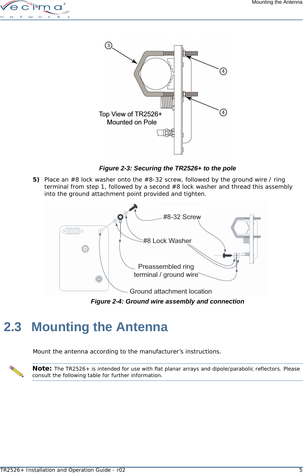 TR2526+ Installation and Operation Guide - r02 5Mounting the Antenna Figure 2-3: Securing the TR2526+ to the pole5) Place an #8 lock washer onto the #8-32 screw, followed by the ground wire / ring terminal from step 1, followed by a second #8 lock washer and thread this assembly into the ground attachment point provided and tighten.Figure 2-4: Ground wire assembly and connection 2.3 Mounting the AntennaMount the antenna according to the manufacturer’s instructions.Top View of TR2526+ Mounted on Pole#8-32 Screw#8 Lock WasherPreassembled ringterminal / ground wireGround attachment locationNote: The TR2526+ is intended for use with flat planar arrays and dipole/parabolic reflectors. Please consult the following table for further information.