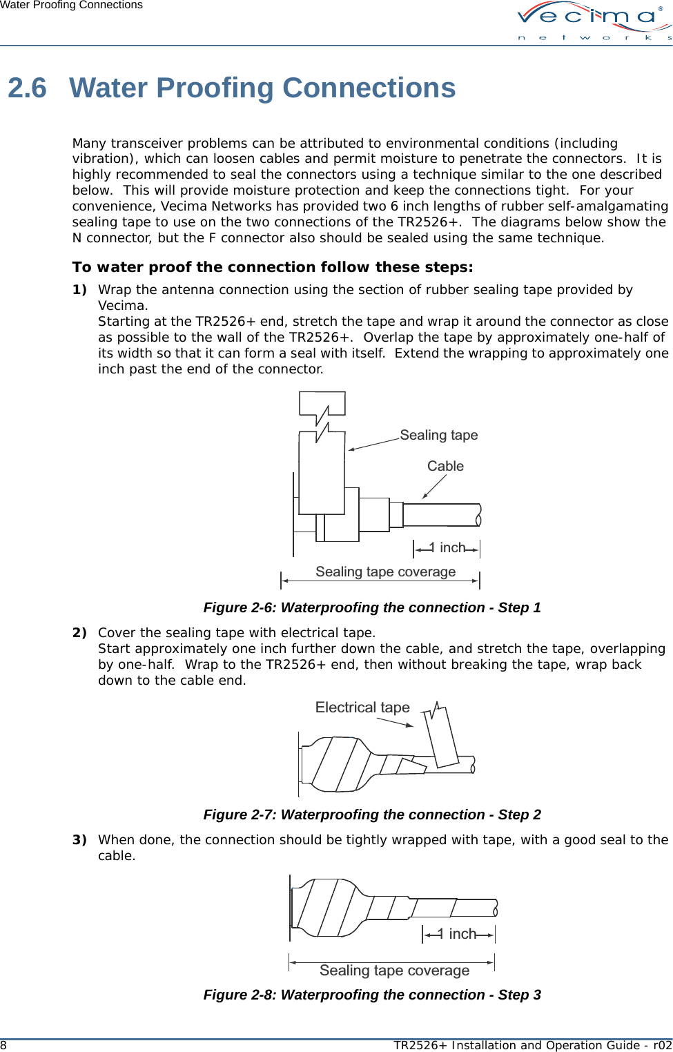 8TR2526+ Installation and Operation Guide - r02Water Proofing Connections 2.6 Water Proofing ConnectionsMany transceiver problems can be attributed to environmental conditions (including vibration), which can loosen cables and permit moisture to penetrate the connectors.  It is highly recommended to seal the connectors using a technique similar to the one described below.  This will provide moisture protection and keep the connections tight.  For your convenience, Vecima Networks has provided two 6 inch lengths of rubber self-amalgamating sealing tape to use on the two connections of the TR2526+.  The diagrams below show the N connector, but the F connector also should be sealed using the same technique.To water proof the connection follow these steps:1) Wrap the antenna connection using the section of rubber sealing tape provided by Vecima. Starting at the TR2526+ end, stretch the tape and wrap it around the connector as close as possible to the wall of the TR2526+.  Overlap the tape by approximately one-half of its width so that it can form a seal with itself.  Extend the wrapping to approximately one inch past the end of the connector.Figure 2-6: Waterproofing the connection - Step 12) Cover the sealing tape with electrical tape. Start approximately one inch further down the cable, and stretch the tape, overlapping by one-half.  Wrap to the TR2526+ end, then without breaking the tape, wrap back down to the cable end.Figure 2-7: Waterproofing the connection - Step 23) When done, the connection should be tightly wrapped with tape, with a good seal to the cable.Figure 2-8: Waterproofing the connection - Step 3Sealing tapeSealing tape coverage1 inchCableElectrical tapeSealing tape coverage1 inch