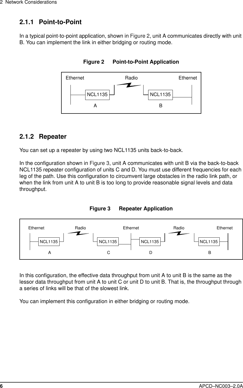 2  Network Considerations6APCD–NC003–2.0A2.1.1 Point-to-Point In a typical point-to-point application, shown in Figure 2, unit A communicates directly with unit B. You can implement the link in either bridging or routing mode.Figure 2   Point-to-Point Application 2.1.2 Repeater You can set up a repeater by using two NCL1135 units back-to-back. In the configuration shown in Figure 3, unit A communicates with unit B via the back-to-back NCL1135 repeater configuration of units C and D. You must use different frequencies for each leg of the path. Use this configuration to circumvent large obstacles in the radio link path, or when the link from unit A to unit B is too long to provide reasonable signal levels and data throughput. Figure 3   Repeater ApplicationIn this configuration, the effective data throughput from unit A to unit B is the same as the lessor data throughput from unit A to unit C or unit D to unit B. That is, the throughput through a series of links will be that of the slowest link.You can implement this configuration in either bridging or routing mode.NCL1135 NCL1135ABEthernet EthernetRadioBNCL1135Ethernet Radio Ethernet EthernetRadioACDNCL1135 NCL1135 NCL1135