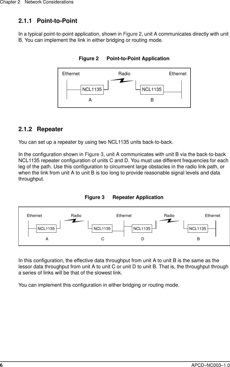 Chapter 2 Network Considerations6APCD–NC003–1.02.1.1 Point-to-Point In a typical point-to-point application, shown in Figure 2, unit A communicates directly with unit B. You can implement the link in either bridging or routing mode.Figure 2   Point-to-Point Application 2.1.2 Repeater You can set up a repeater by using two NCL1135 units back-to-back. In the configuration shown in Figure 3, unit A communicates with unit B via the back-to-back NCL1135 repeater configuration of units C and D. You must use different frequencies for each leg of the path. Use this configuration to circumvent large obstacles in the radio link path, or when the link from unit A to unit B is too long to provide reasonable signal levels and data throughput. Figure 3   Repeater ApplicationIn this configuration, the effective data throughput from unit A to unit B is the same as the lessor data throughput from unit A to unit C or unit D to unit B. That is, the throughput through a series of links will be that of the slowest link.You can implement this configuration in either bridging or routing mode.NCL1135 NCL1135ABEthernet EthernetRadioBNCL1135Ethernet Radio Ethernet EthernetRadioACDNCL1135 NCL1135 NCL1135