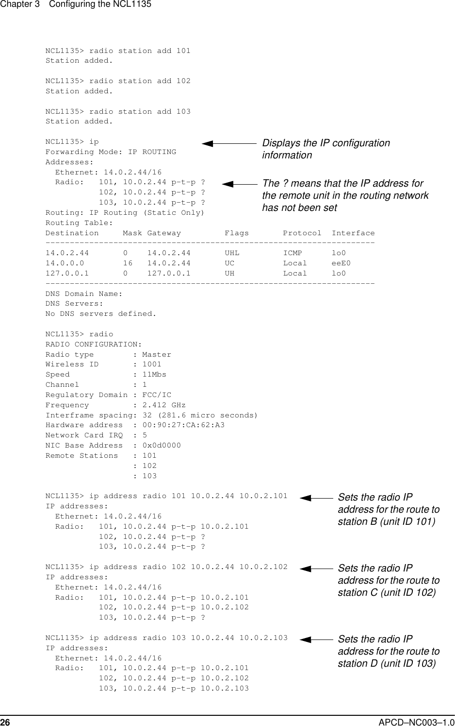 Chapter 3 Configuring the NCL113526 APCD–NC003–1.0NCL1135&gt; radio station add 101Station added.NCL1135&gt; radio station add 102Station added.NCL1135&gt; radio station add 103Station added.NCL1135&gt; ipForwarding Mode: IP ROUTINGAddresses:  Ethernet: 14.0.2.44/16  Radio:   101, 10.0.2.44 p-t-p ?           102, 10.0.2.44 p-t-p ?           103, 10.0.2.44 p-t-p ?Routing: IP Routing (Static Only)Routing Table:Destination     Mask Gateway         Flags       Protocol  Interface--------------------------------------------------------------------14.0.2.44       0    14.0.2.44       UHL         ICMP      lo014.0.0.0        16   14.0.2.44       UC          Local     eeE0127.0.0.1       0    127.0.0.1       UH          Local     lo0--------------------------------------------------------------------DNS Domain Name:DNS Servers:No DNS servers defined.NCL1135&gt; radioRADIO CONFIGURATION:Radio type        : MasterWireless ID       : 1001Speed             : 11MbsChannel           : 1Regulatory Domain : FCC/ICFrequency         : 2.412 GHzInterframe spacing: 32 (281.6 micro seconds)Hardware address  : 00:90:27:CA:62:A3Network Card IRQ  : 5NIC Base Address  : 0x0d0000Remote Stations   : 101                  : 102                  : 103NCL1135&gt; ip address radio 101 10.0.2.44 10.0.2.101IP addresses:  Ethernet: 14.0.2.44/16  Radio:   101, 10.0.2.44 p-t-p 10.0.2.101           102, 10.0.2.44 p-t-p ?           103, 10.0.2.44 p-t-p ?NCL1135&gt; ip address radio 102 10.0.2.44 10.0.2.102IP addresses:  Ethernet: 14.0.2.44/16  Radio:   101, 10.0.2.44 p-t-p 10.0.2.101           102, 10.0.2.44 p-t-p 10.0.2.102           103, 10.0.2.44 p-t-p ?NCL1135&gt; ip address radio 103 10.0.2.44 10.0.2.103IP addresses:  Ethernet: 14.0.2.44/16  Radio:   101, 10.0.2.44 p-t-p 10.0.2.101           102, 10.0.2.44 p-t-p 10.0.2.102           103, 10.0.2.44 p-t-p 10.0.2.103Displays the IP configuration informationThe ? means that the IP address for the remote unit in the routing network has not been setSets the radio IP address for the route to station B (unit ID 101)Sets the radio IP address for the route to station C (unit ID 102)Sets the radio IP address for the route to station D (unit ID 103)