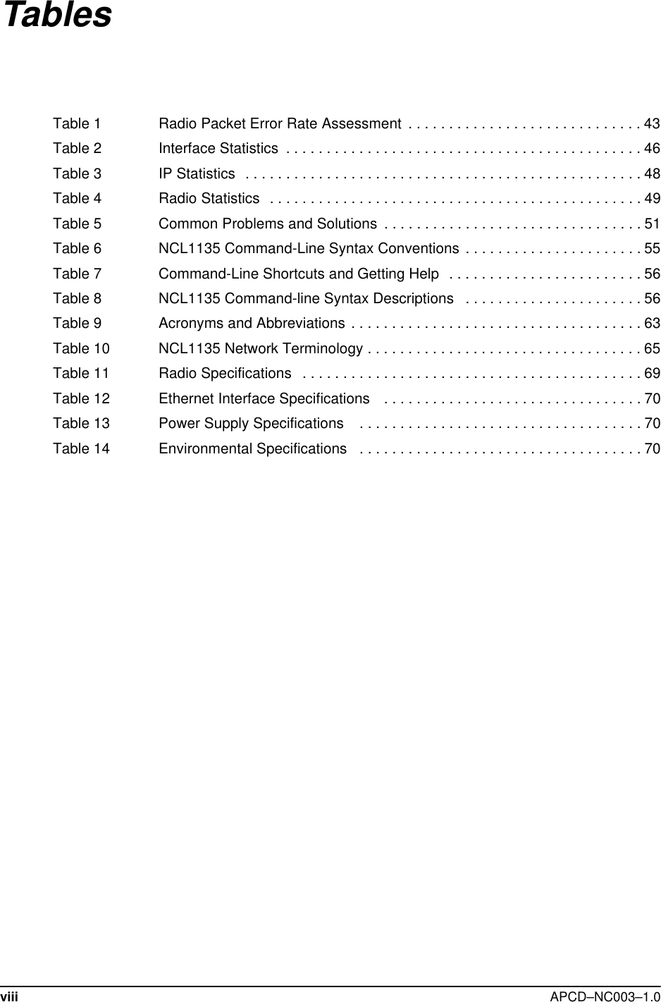 viii APCD–NC003–1.0TablesTable 1 Radio Packet Error Rate Assessment  . . . . . . . . . . . . . . . . . . . . . . . . . . . . . 43Table 2 Interface Statistics  . . . . . . . . . . . . . . . . . . . . . . . . . . . . . . . . . . . . . . . . . . . . 46Table 3 IP Statistics  . . . . . . . . . . . . . . . . . . . . . . . . . . . . . . . . . . . . . . . . . . . . . . . . . 48Table 4 Radio Statistics  . . . . . . . . . . . . . . . . . . . . . . . . . . . . . . . . . . . . . . . . . . . . . . 49Table 5 Common Problems and Solutions  . . . . . . . . . . . . . . . . . . . . . . . . . . . . . . . . 51Table 6 NCL1135 Command-Line Syntax Conventions . . . . . . . . . . . . . . . . . . . . . . 55Table 7 Command-Line Shortcuts and Getting Help  . . . . . . . . . . . . . . . . . . . . . . . . 56Table 8 NCL1135 Command-line Syntax Descriptions   . . . . . . . . . . . . . . . . . . . . . . 56Table 9 Acronyms and Abbreviations . . . . . . . . . . . . . . . . . . . . . . . . . . . . . . . . . . . . 63Table 10 NCL1135 Network Terminology . . . . . . . . . . . . . . . . . . . . . . . . . . . . . . . . . . 65Table 11 Radio Specifications   . . . . . . . . . . . . . . . . . . . . . . . . . . . . . . . . . . . . . . . . . . 69Table 12 Ethernet Interface Specifications   . . . . . . . . . . . . . . . . . . . . . . . . . . . . . . . . 70Table 13 Power Supply Specifications    . . . . . . . . . . . . . . . . . . . . . . . . . . . . . . . . . . . 70Table 14 Environmental Specifications   . . . . . . . . . . . . . . . . . . . . . . . . . . . . . . . . . . . 70