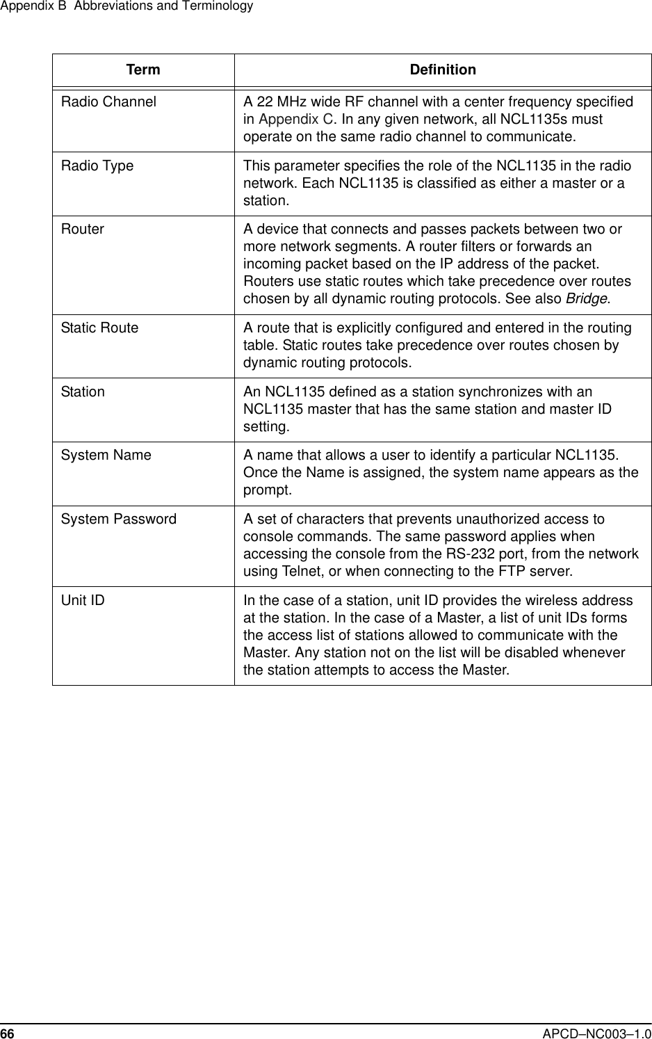 Appendix B  Abbreviations and Terminology66 APCD–NC003–1.0Radio Channel A 22 MHz wide RF channel with a center frequency specified in Appendix C. In any given network, all NCL1135s must operate on the same radio channel to communicate.Radio Type This parameter specifies the role of the NCL1135 in the radio network. Each NCL1135 is classified as either a master or a station.Router A device that connects and passes packets between two or more network segments. A router filters or forwards an incoming packet based on the IP address of the packet.Routers use static routes which take precedence over routes chosen by all dynamic routing protocols. See also Bridge.Static Route A route that is explicitly configured and entered in the routing table. Static routes take precedence over routes chosen by dynamic routing protocols.Station An NCL1135 defined as a station synchronizes with an NCL1135 master that has the same station and master ID setting.System Name A name that allows a user to identify a particular NCL1135. Once the Name is assigned, the system name appears as the prompt.System Password A set of characters that prevents unauthorized access to console commands. The same password applies when accessing the console from the RS-232 port, from the network using Telnet, or when connecting to the FTP server. Unit ID In the case of a station, unit ID provides the wireless address at the station. In the case of a Master, a list of unit IDs forms the access list of stations allowed to communicate with the Master. Any station not on the list will be disabled whenever the station attempts to access the Master.Term Definition