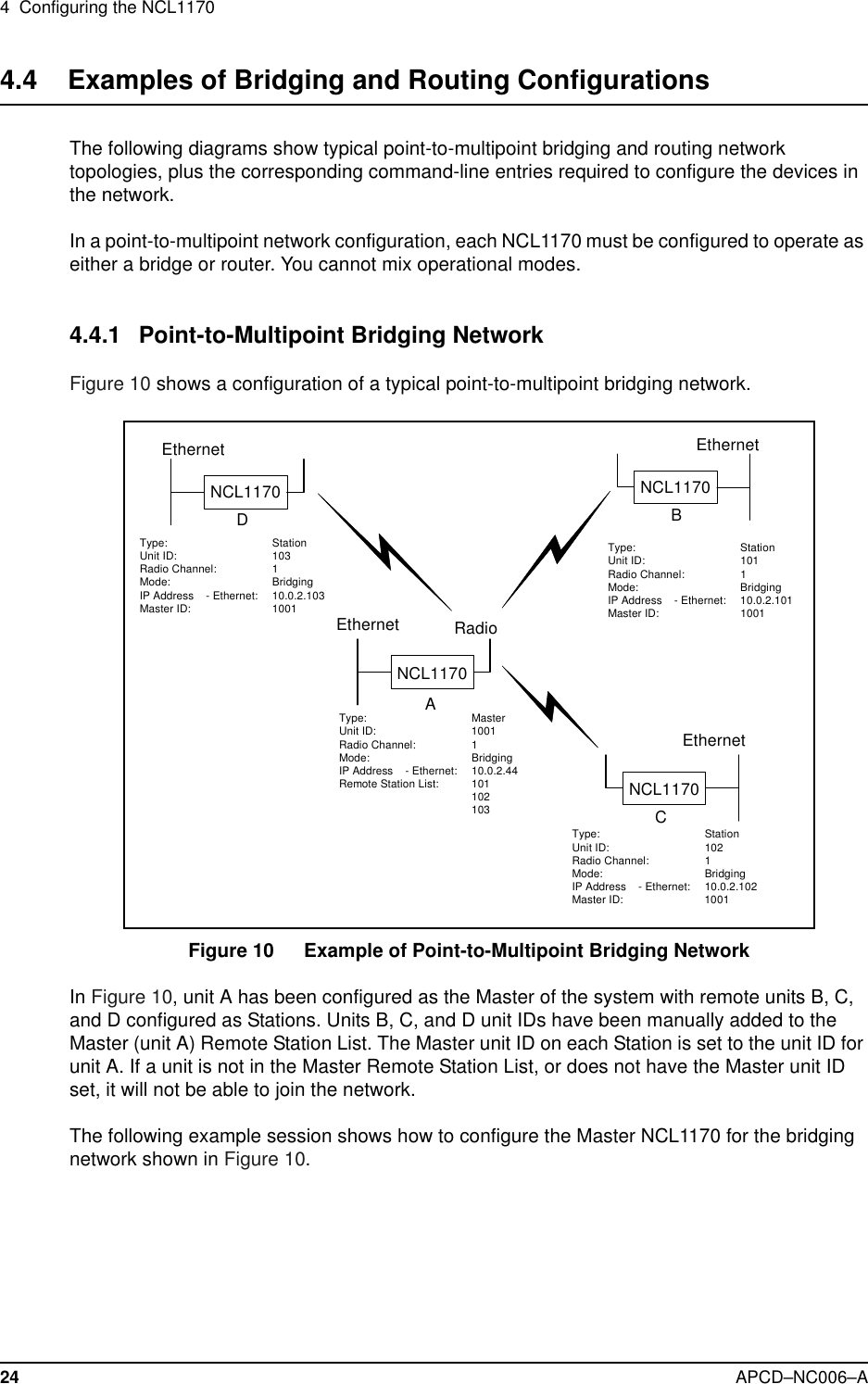 4 Configuring the NCL117024 APCD–NC006–A4.4 Examples of Bridging and Routing ConfigurationsThe following diagrams show typical point-to-multipoint bridging and routing networktopologies, plus the corresponding command-line entries required to configure the devices inthe network.In a point-to-multipoint network configuration, each NCL1170 must be configured to operate aseither a bridge or router. You cannot mix operational modes.4.4.1 Point-to-Multipoint Bridging NetworkFigure 10 shows a configuration of a typical point-to-multipoint bridging network.Figure 10 Example of Point-to-Multipoint Bridging NetworkIn Figure 10, unit A has been configured as the Master of the system with remote units B, C,and D configured as Stations. Units B, C, and D unit IDs have been manually added to theMaster (unit A) Remote Station List. The Master unit ID on each Station is set to the unit ID forunit A. If a unit is not in the Master Remote Station List, or does not have the Master unit IDset, it will not be able to join the network.The following example session shows how to configure the Master NCL1170 for the bridgingnetwork shown in Figure 10.EthernetNCL1170CEthernetNCL1170BEthernetNCL1170DEthernet RadioNCL1170AType: StationUnit ID: 103Radio Channel: 1Mode: BridgingIP Address - Ethernet: 10.0.2.103Master ID: 1001Type: StationUnit ID: 102Radio Channel: 1Mode: BridgingIP Address - Ethernet: 10.0.2.102Master ID: 1001Type: StationUnit ID: 101Radio Channel: 1Mode: BridgingIP Address - Ethernet: 10.0.2.101Master ID: 1001Type: MasterUnit ID: 1001Radio Channel: 1Mode: BridgingIP Address - Ethernet: 10.0.2.44Remote Station List: 101102103