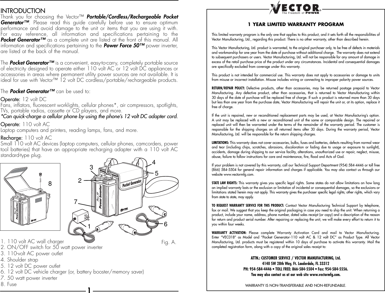 Page 2 of 8 - Vector Vector-Pocket-Generator-Vec018-Users-Manual- VEC018-AC.MANUAL.F Vector-pocket-generator-vec018-users-manual