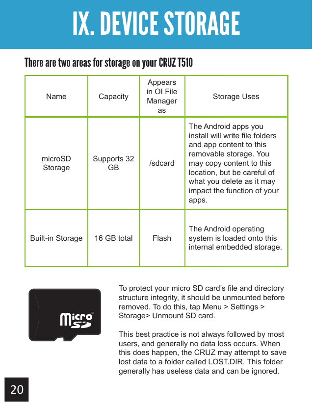 Getting StartedIX. DEVICE STORAGEThere are two areas for storage on your CRUZ T510Name CapacityAppears in OI File Manager asStorage UsesmicroSD StorageSupports 32 GB /sdcardThe Android apps you install will write file folders and app content to this removable storage. You may copy content to this location, but be careful of what you delete as it may impact the function of your apps. Built-in Storage 16 GB total FlashThe Android operating system is loaded onto this internal embedded storage.  To protect your micro SD card’s file and directory structure integrity, it should be unmounted before removed. To do this, tap Menu &gt; Settings &gt; Storage&gt; Unmount SD card.This best practice is not always followed by most users, and generally no data loss occurs. When this does happen, the CRUZ may attempt to save lost data to a folder called LOST.DIR. This folder generally has useless data and can be ignored.
