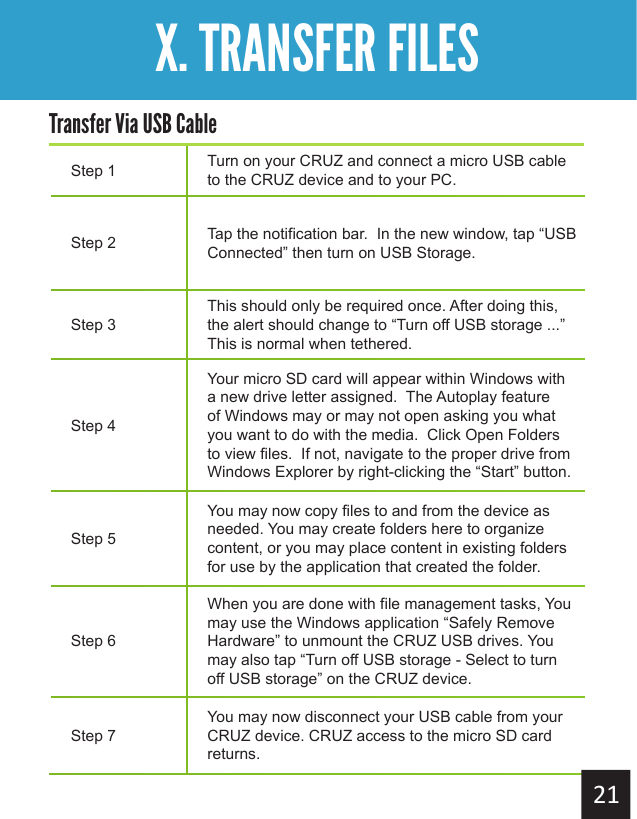 Step 1 Turn on your CRUZ and connect a micro USB cable to the CRUZ device and to your PC. Step 2 Tap the notification bar.  In the new window, tap “USB Connected” then turn on USB Storage.Step 3This should only be required once. After doing this, the alert should change to “Turn off USB storage ...”  This is normal when tethered.Step 4Your micro SD card will appear within Windows with a new drive letter assigned.  The Autoplay feature of Windows may or may not open asking you what you want to do with the media.  Click Open Folders to view files.  If not, navigate to the proper drive from Windows Explorer by right-clicking the “Start” button.Step 5You may now copy files to and from the device as needed. You may create folders here to organize content, or you may place content in existing folders for use by the application that created the folder.Step 6When you are done with file management tasks, You may use the Windows application “Safely Remove Hardware” to unmount the CRUZ USB drives. You may also tap “Turn off USB storage - Select to turn off USB storage” on the CRUZ device. Step 7You may now disconnect your USB cable from your CRUZ device. CRUZ access to the micro SD card returns. Getting StartedX. TRANSFER FILESTransfer Via USB Cable
