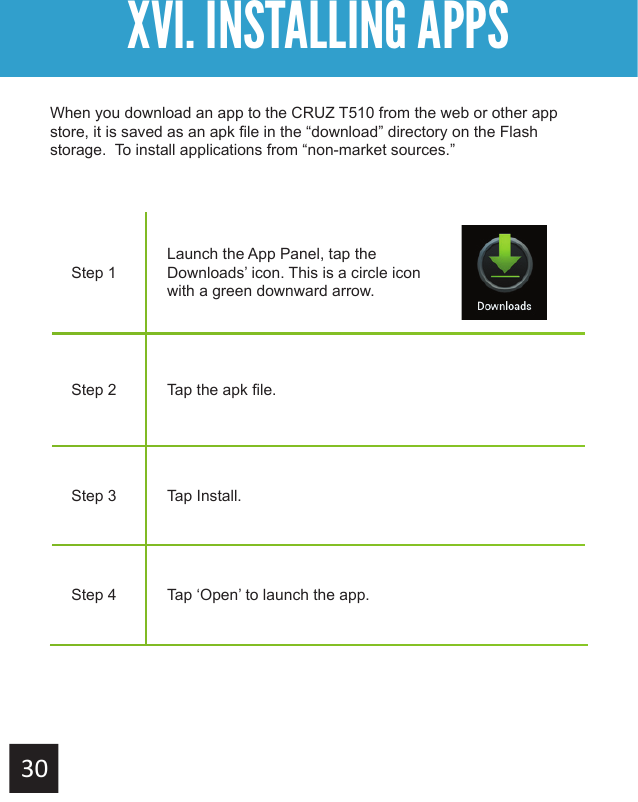 XVI. INSTALLING APPSGetting StartedXVI. INSTALLING APPSStep 1Launch the App Panel, tap the Downloads’ icon. This is a circle icon with a green downward arrow.Step 2 Tap the apk file.Step 3 Tap Install.Step 4 Tap ‘Open’ to launch the app. When you download an app to the CRUZ T510 from the web or other app store, it is saved as an apk file in the “download” directory on the Flash storage.  To install applications from “non-market sources.”