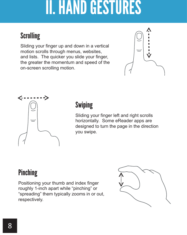 ScrollingSliding your finger up and down in a vertical motion scrolls through menus, websites, and lists.  The quicker you slide your finger, the greater the momentum and speed of the on-screen scrolling motion.SwipingSliding your finger left and right scrolls horizontally.  Some eReader apps are designed to turn the page in the direction you swipe.II. HAND GESTURESPinchingPositioning your thumb and index fingerroughly 1-inch apart while “pinching” or “spreading” them typically zooms in or out, respectively.