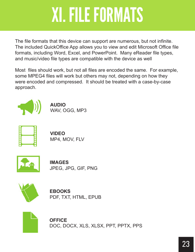 23Getting StartedXI. FILE FORMATSThe file formats that this device can support are numerous, but not infinite.  The included QuickOffice App allows you to view and edit Microsoft Office file formats, including Word, Excel, and PowerPoint.  Many eReader file types, and music/video file types are compatible with the device as wellMost  files should work, but not all files are encoded the same.  For example, some MPEG4 files will work but others may not, depending on how they were encoded and compressed.  It should be treated with a case-by-case approach.AUDIOWAV, OGG, MP3VIDEOMP4, MOV, FLVIMAGESJPEG, JPG, GIF, PNGEBOOKSPDF, TXT, HTML, EPUBOFFICEDOC, DOCX, XLS, XLSX, PPT, PPTX, PPS