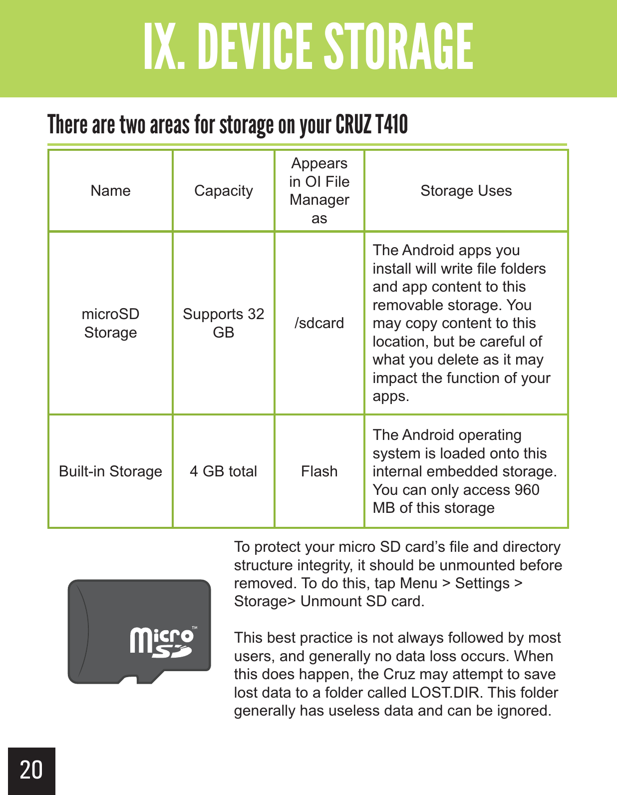 20&quot;--$#&gt;-(+-&quot;?&gt;&gt; &quot;+&quot;&gt;(+&quot;&gt;-0&apos;&gt;(+&quot;(,&gt;&apos;+&gt;,-&apos;+(#&quot;&gt;&apos;&gt;2&apos;.+&gt;&gt;649Name CapacityAppears in OI File Manager asStorage UsesmicroSD StorageSupports 32 GB /sdcardThe Android apps you install will write file folders and app content to this removable storage. You may copy content to this location, but be careful of what you delete as it may impact the function of your apps. Built-in Storage 4 GB total FlashThe Android operating system is loaded onto this internal embedded storage.  You can only access 960 MB of this storageTo protect your micro SD card’s file and directory structure integrity, it should be unmounted before removed. To do this, tap Menu &gt; Settings &gt; Storage&gt; Unmount SD card.This best practice is not always followed by most users, and generally no data loss occurs. When this does happen, the Cruz may attempt to save lost data to a folder called LOST.DIR. This folder generally has useless data and can be ignored.
