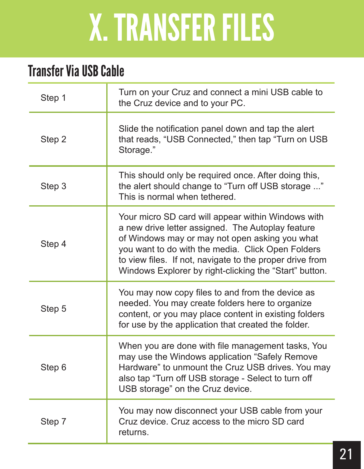 Step 1 Turn on your Cruz and connect a mini USB cable to the Cruz device and to your PC. Step 2Slide the notification panel down and tap the alert that reads, “USB Connected,” then tap “Turn on USB Storage.”Step 3This should only be required once. After doing this, the alert should change to “Turn off USB storage ...”  This is normal when tethered.Step 4Your micro SD card will appear within Windows with a new drive letter assigned.  The Autoplay feature of Windows may or may not open asking you what you want to do with the media.  Click Open Folders to view files.  If not, navigate to the proper drive from Windows Explorer by right-clicking the “Start” button.Step 5You may now copy files to and from the device as needed. You may create folders here to organize content, or you may place content in existing folders for use by the application that created the folder.Step 6When you are done with file management tasks, You may use the Windows application “Safely Remove Hardware” to unmount the Cruz USB drives. You may also tap “Turn off USB storage - Select to turn off USB storage” on the Cruz device. Step 7You may now disconnect your USB cable from your Cruz device. Cruz access to the micro SD card returns. 21&quot;--$#&gt;-(+-&quot;?&gt; &gt;+(,&quot;+&gt;$(&gt;Ê&gt;(&quot;