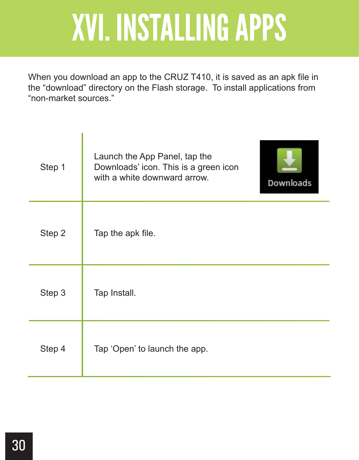 &quot;--$#&gt;-(+-&quot;?&gt; &gt; Step 1Launch the App Panel, tap the Downloads’ icon. This is a green icon with a white downward arrow.Step 2 Tap the apk file.Step 3 Tap Install.Step 4 Tap ‘Open’ to launch the app. When you download an app to the CRUZ T410, it is saved as an apk file in the “download” directory on the Flash storage.  To install applications from “non-market sources.”30