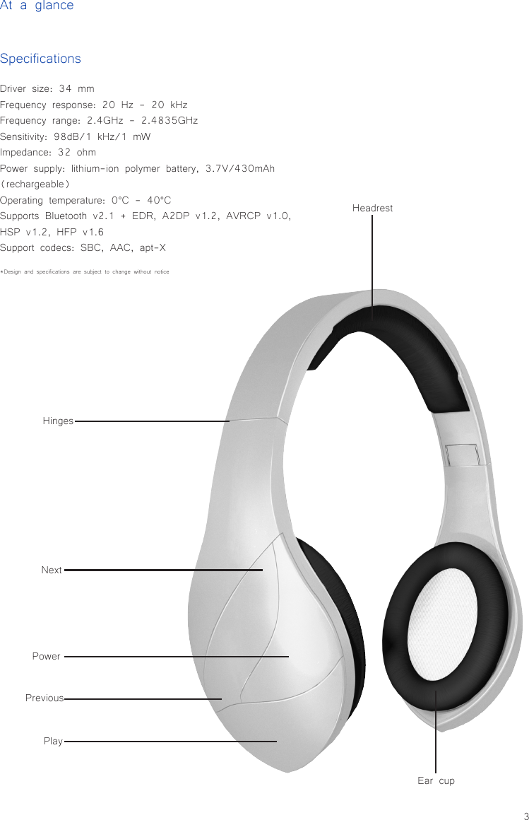 3At a glanceHeadrestEar cupPlayPreviousPowerHingesSpecificationsDriver size: 34 mmFrequency response: 20 Hz - 20 kHzFrequency range: 2.4GHz - 2.4835GHzSensitivity: 98dB/1 kHz/1 mWImpedance: 32 ohmPower supply: lithium-ion polymer battery, 3.7V/430mAh (rechargeable)Operating temperature: 0°C - 40°CSupports Bluetooth v2.1 + EDR, A2DP v1.2, AVRCP v1.0, HSP v1.2, HFP v1.6Support codecs: SBC, AAC, apt-X*Design and specifications are subject to change without noticeNext