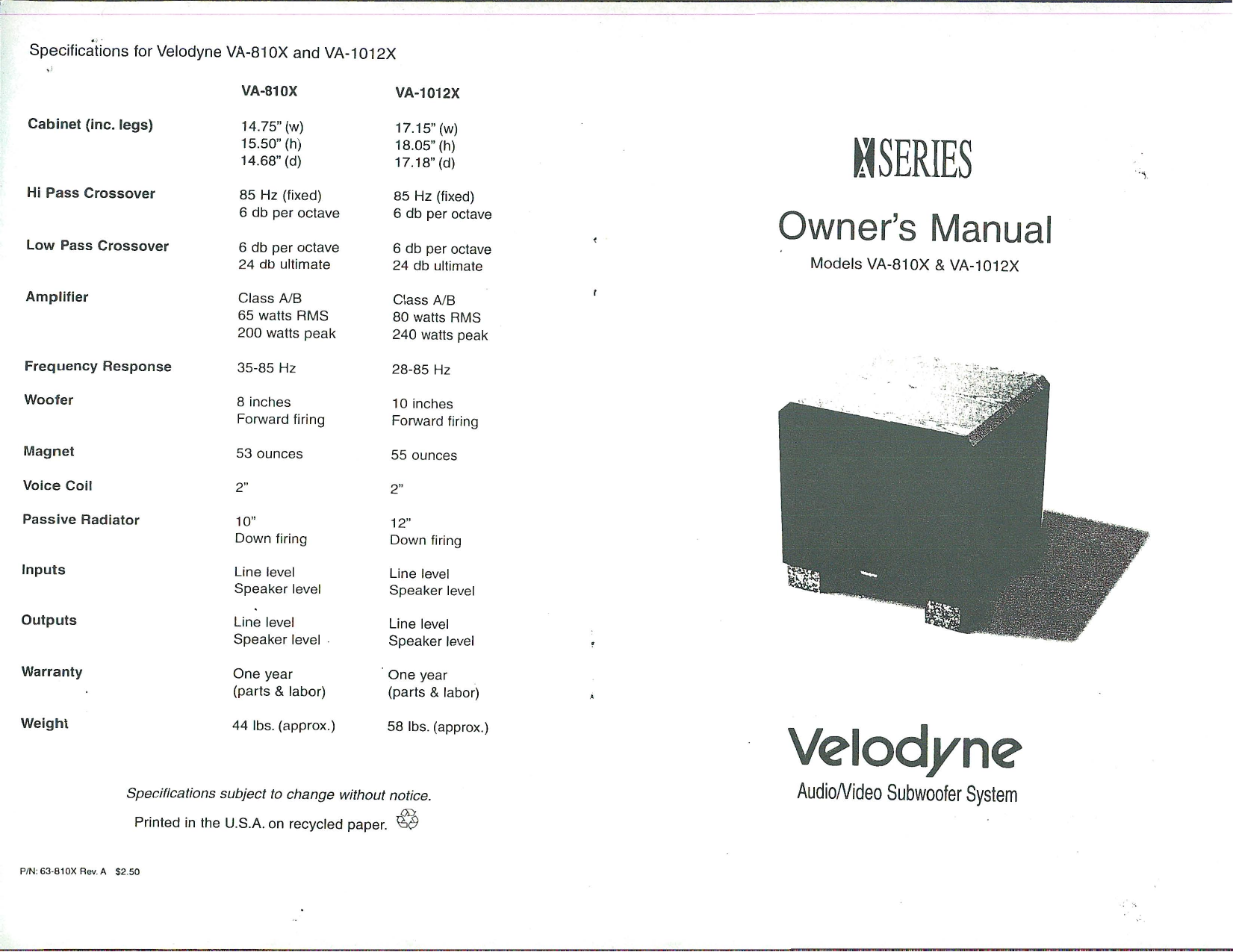 Page 1 of 4 - Velodyne-Acoustics Velodyne-Acoustics-Series-Va-1012X-Users-Manual-  Velodyne-acoustics-series-va-1012x-users-manual