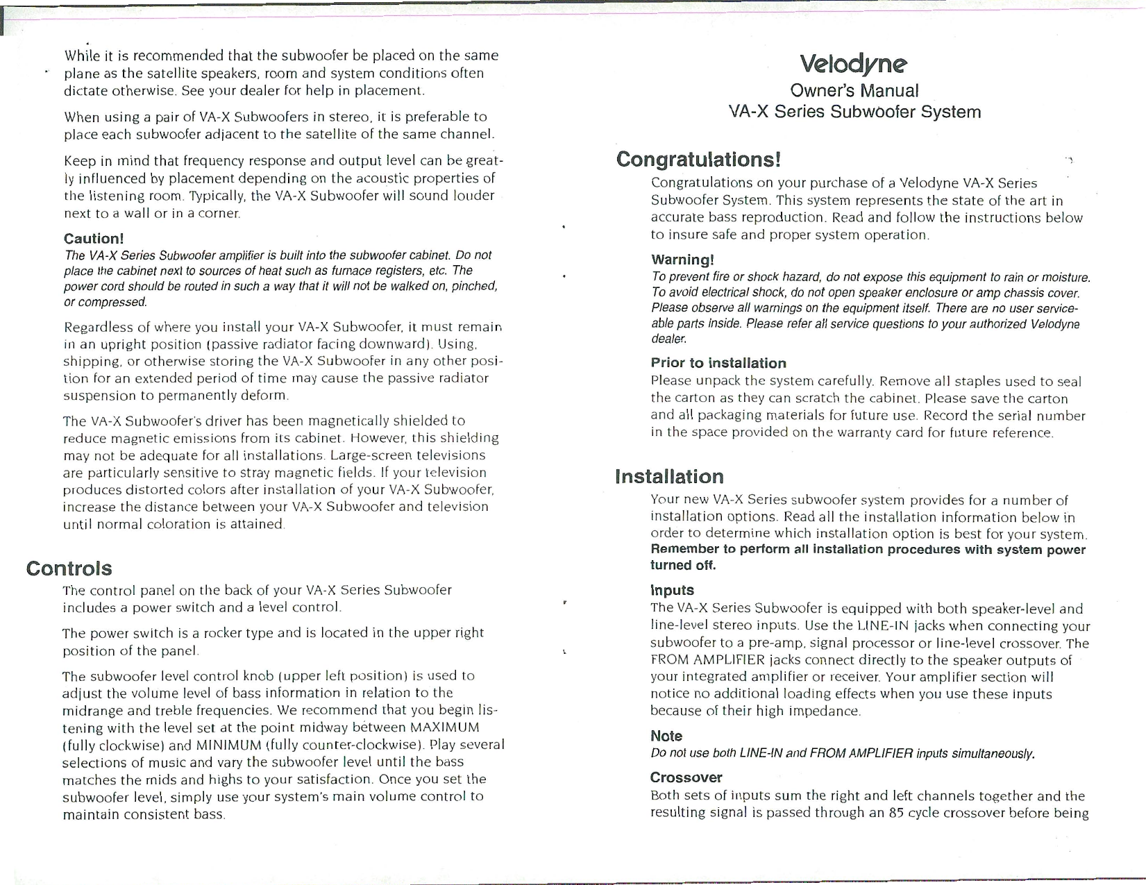 Page 2 of 4 - Velodyne-Acoustics Velodyne-Acoustics-Series-Va-1012X-Users-Manual-  Velodyne-acoustics-series-va-1012x-users-manual