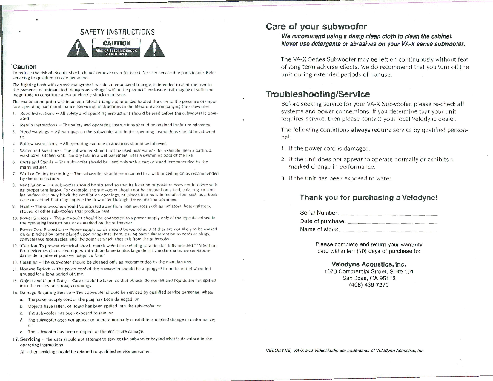 Page 4 of 4 - Velodyne-Acoustics Velodyne-Acoustics-Series-Va-1012X-Users-Manual-  Velodyne-acoustics-series-va-1012x-users-manual