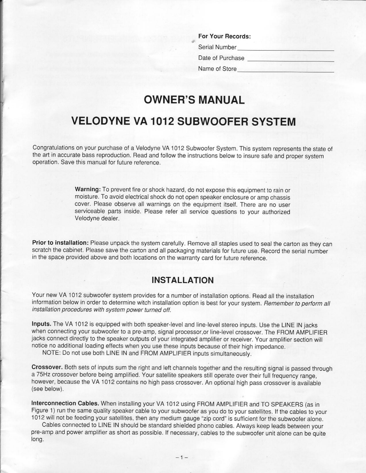 Page 3 of 10 - Velodyne-Acoustics Velodyne-Acoustics-Va-1012-Users-Manual- Velodyne-acoustics-va-1012-users-manual