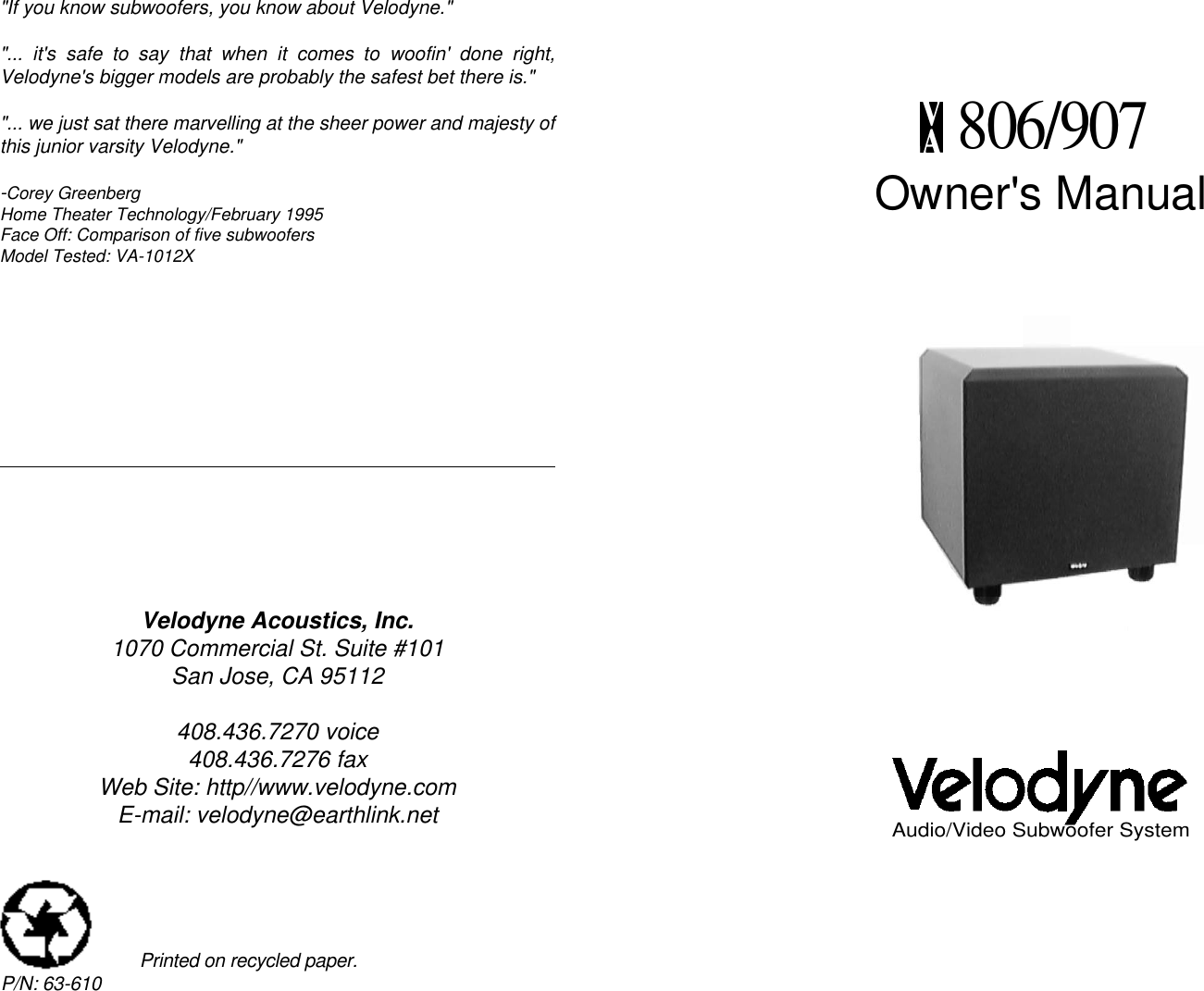 Page 1 of 6 - Velodyne-Acoustics Velodyne-Acoustics-Va-806-907-Users-Manual-  Velodyne-acoustics-va-806-907-users-manual