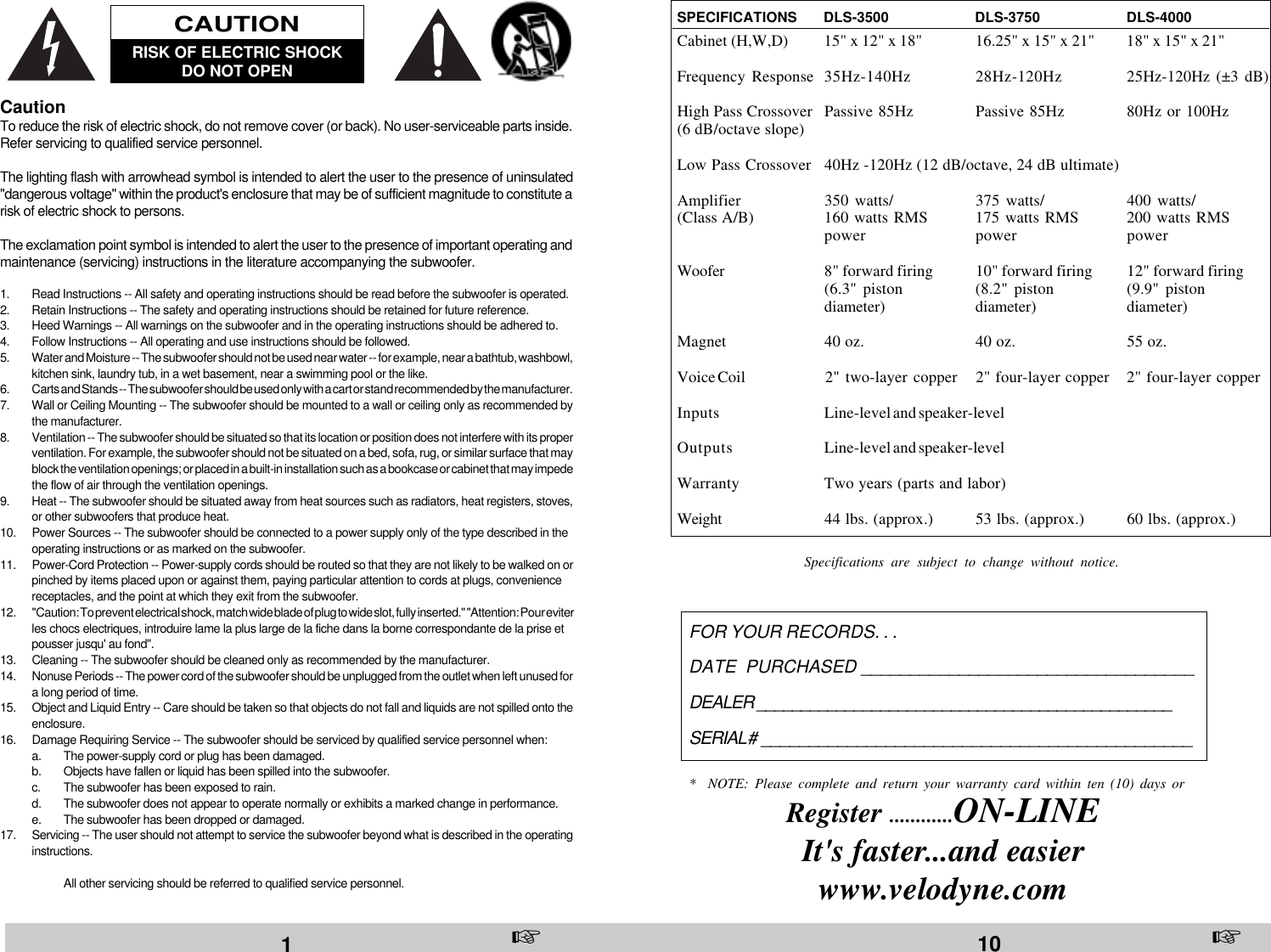 Page 2 of 6 - Velodyne-Acoustics Velodyne-Acoustics-Velodyne-Dls-Series-Dls-3500-Users-Manual- DLS Manual.p65  Velodyne-acoustics-velodyne-dls-series-dls-3500-users-manual