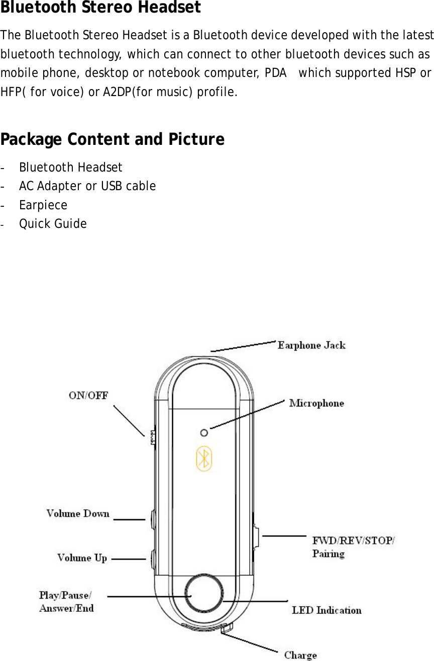 Bluetooth Stereo Headset The Bluetooth Stereo Headset is a Bluetooth device developed with the latest bluetooth technology, which can connect to other bluetooth devices such as mobile phone, desktop or notebook computer, PDA    which supported HSP or HFP( for voice) or A2DP(for music) profile.  Package Content and Picture - Bluetooth Headset - AC Adapter or USB cable - Earpiece - Quick Guide          