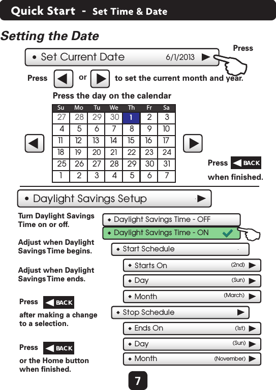 7Quick Start  -  Set Time &amp; DateSetting the DateSet Current DateDaylight Savings Setup6/1/2013Press  or  to set the current month and year.  when ﬁnished.  Press the day on the calendar  27 28 29 30 123Su Mo Tu We Th Fr Sa456789101716151413121118 19 20 21 22 23 24313029282726251234567Press  Press  Daylight Savings Time - OFFDaylight Savings Time - ONStart ScheduleStarts OnDayMonthStop Schedule(2nd)(Sun)(March)Ends OnDayMonth(1st)(Sun)(November)Tu rn Daylight Savings Time on or off.  Adjust when Daylight Savings Time begins.  Adjust when Daylight Savings Time ends.  after making a changeto a selection.  Press  or the Home buttonwhen ﬁnished.  Press  BACK  BACK  BACK  