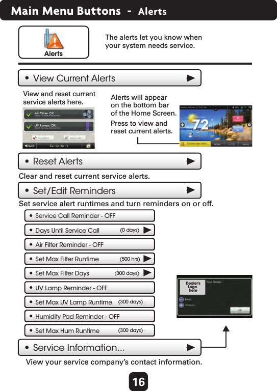 16Main Menu Buttons  -  AlertsView Current AlertsThe alerts let you know when your system needs service. AlertsReset AlertsSet/Edit RemindersService Information...View your service company’s contact information. Clear and reset current service alerts. Set service alert runtimes and turn reminders on or off. View and reset currentservice alerts here.Alerts will appearon the bottom barof the Home Screen.Press to view andreset current alerts.Dealer’sLogo hereAir Filter Reminder - OFFSet Max Filter RuntimeUV Lamp Reminder - OFFSet Max UV Lamp Runtime(500 hrs)Set Max Filter Days (300 days)(300 days)Humidity Pad Reminder - OFFSet Max Hum Runtime (300 days)Service Call Reminder - OFFDays Until Service Call (0 days)