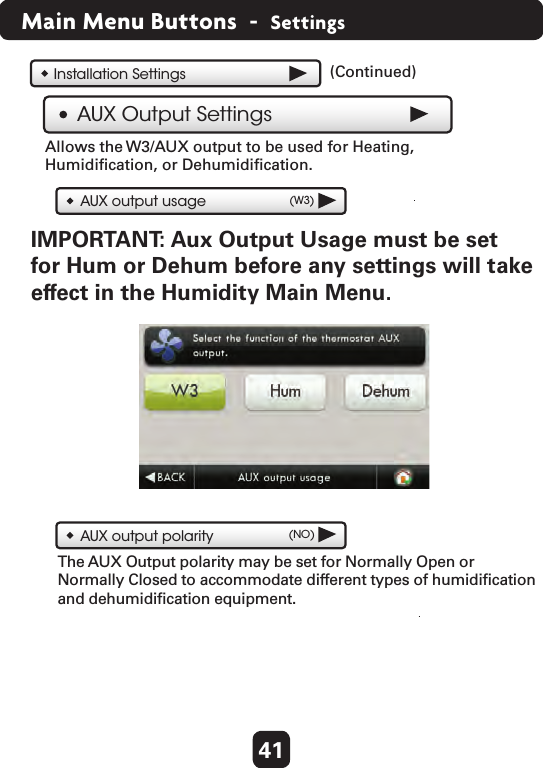 Installation SettingsAUX Output SettingsAllows the W3/AUX output to be used for Heating,Humidiﬁcation, or Dehumidiﬁcation.(Continued)  AUX output usage (W3)IMPORTANT: Aux Output Usage must be setfor Hum or Dehum before any settings will takeeffect in the Humidity Main Menu.   AUX output polarity (NO)The AUX Output polarity may be set for Normally Open or Normally Closed to accommodate different types of humidiﬁcationand dehumidiﬁcation equipment.  41Main Menu Buttons  -  Settings