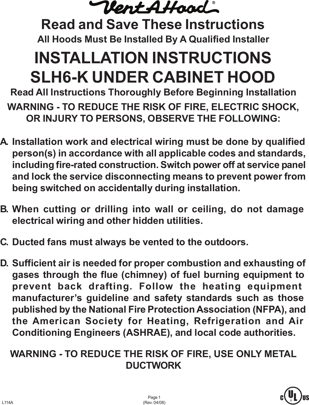 Page 1 of 5 - Vent-A-Hood Vent-A-Hood-Slh6-K-Users-Manual- Slh6-k Under Cabinet Range Hood Installation Instructions Vent-a-hood-slh6-k-users-manual