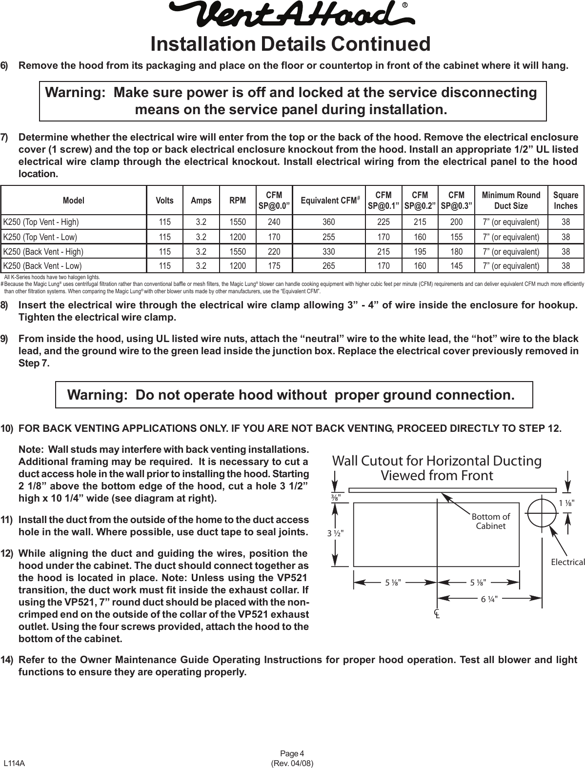 Page 4 of 5 - Vent-A-Hood Vent-A-Hood-Slh6-K-Users-Manual- Slh6-k Under Cabinet Range Hood Installation Instructions Vent-a-hood-slh6-k-users-manual