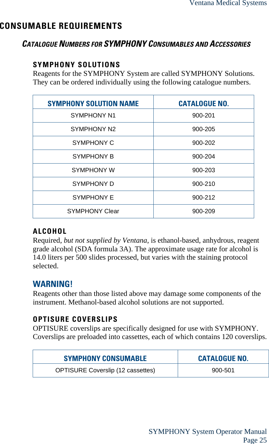 Ventana Medical Systems  SYMPHONY System Operator Manual Page 25 CONSUMABLE REQUIREMENTS CATALOGUE NUMBERS FOR SYMPHONY CONSUMABLES AND ACCESSORIES  SYMPHONY SOLUTIONS Reagents for the SYMPHONY System are called SYMPHONY Solutions. They can be ordered individually using the following catalogue numbers.  SYMPHONY SOLUTION NAME  CATALOGUE NO. SYMPHONY N1  900-201 SYMPHONY N2  900-205 SYMPHONY C  900-202 SYMPHONY B  900-204 SYMPHONY W  900-203 SYMPHONY D  900-210 SYMPHONY E  900-212 SYMPHONY Clear  900-209  ALCOHOL Required, but not supplied by Ventana, is ethanol-based, anhydrous, reagent grade alcohol (SDA formula 3A). The approximate usage rate for alcohol is 14.0 liters per 500 slides processed, but varies with the staining protocol selected.   WARNING! Reagents other than those listed above may damage some components of the instrument. Methanol-based alcohol solutions are not supported.  OPTISURE COVERSLIPS OPTISURE coverslips are specifically designed for use with SYMPHONY. Coverslips are preloaded into cassettes, each of which contains 120 coverslips.  SYMPHONY CONSUMABLE  CATALOGUE NO. OPTISURE Coverslip (12 cassettes)  900-501  