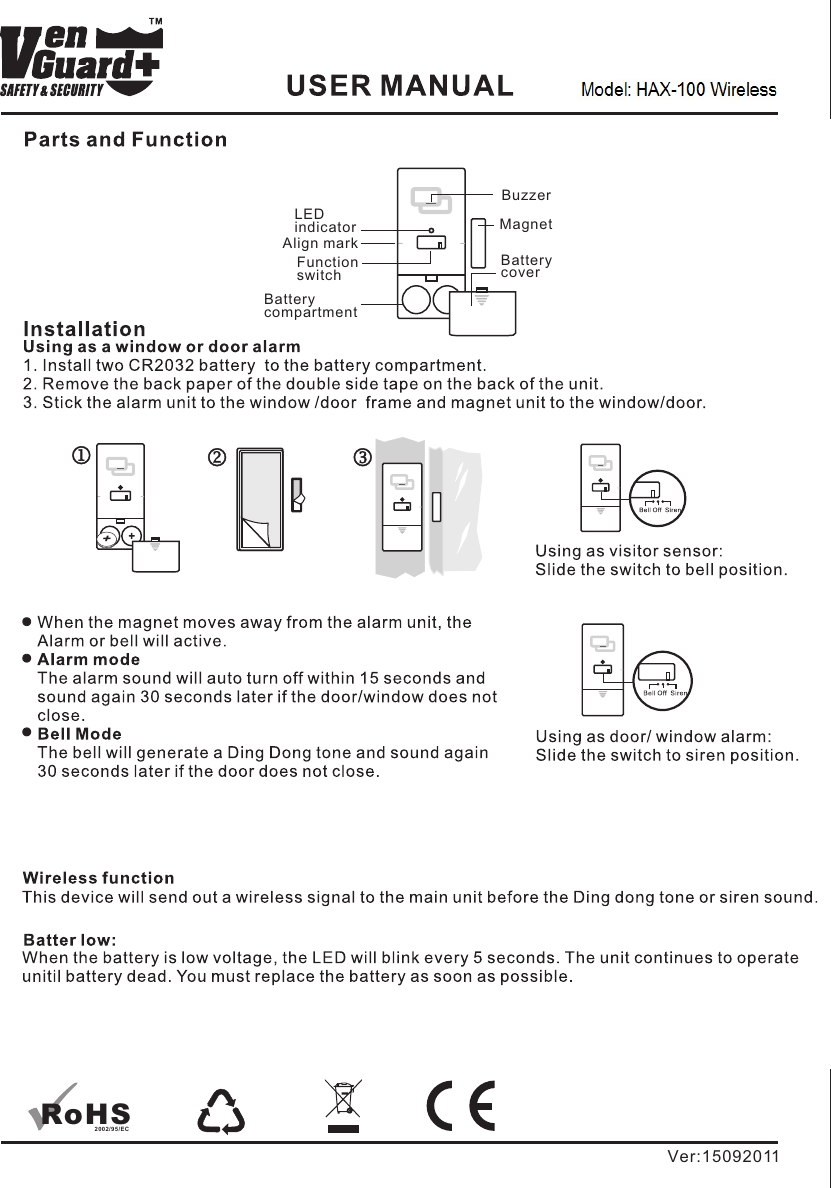 BuzzerLED indicatorFunctionswitchAlign markBatterycompartmentMagnetBatterycoverRoHS2002/95/ECVer:15092011