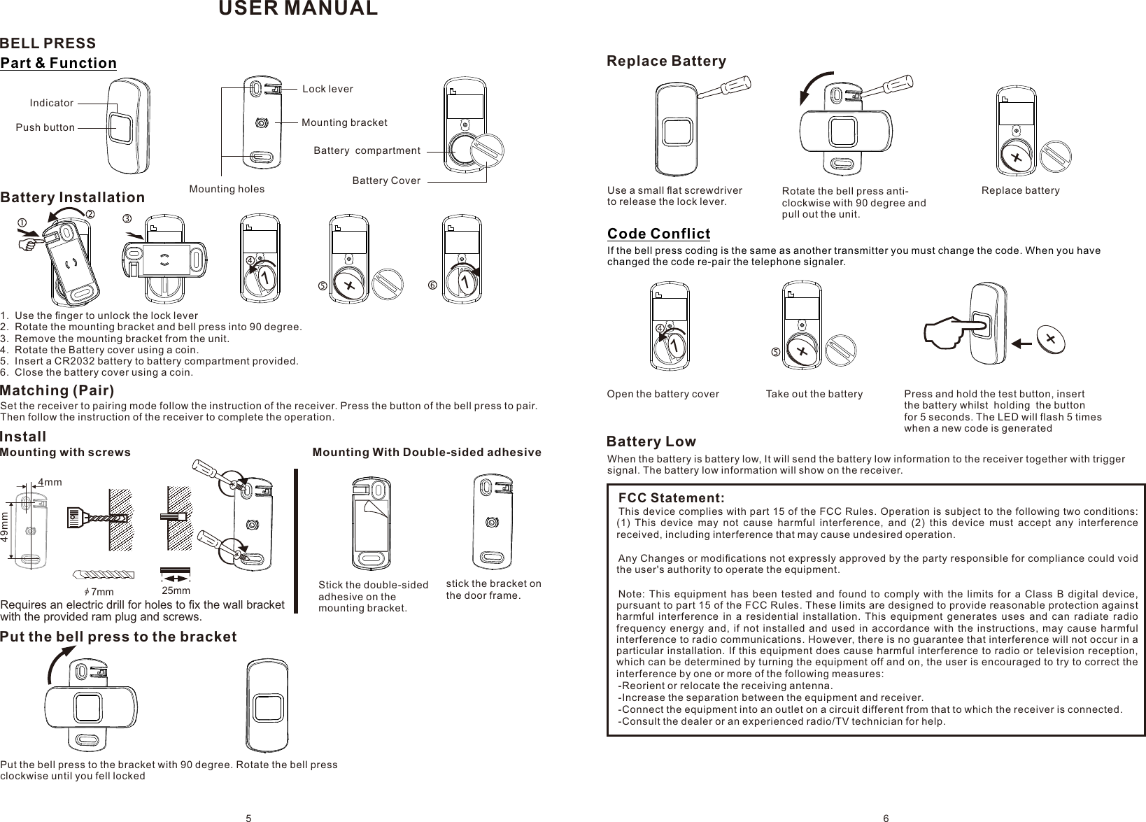 Page 1 of Venture Global PB-X38 Wireless Door Bell Press User Manual                      2