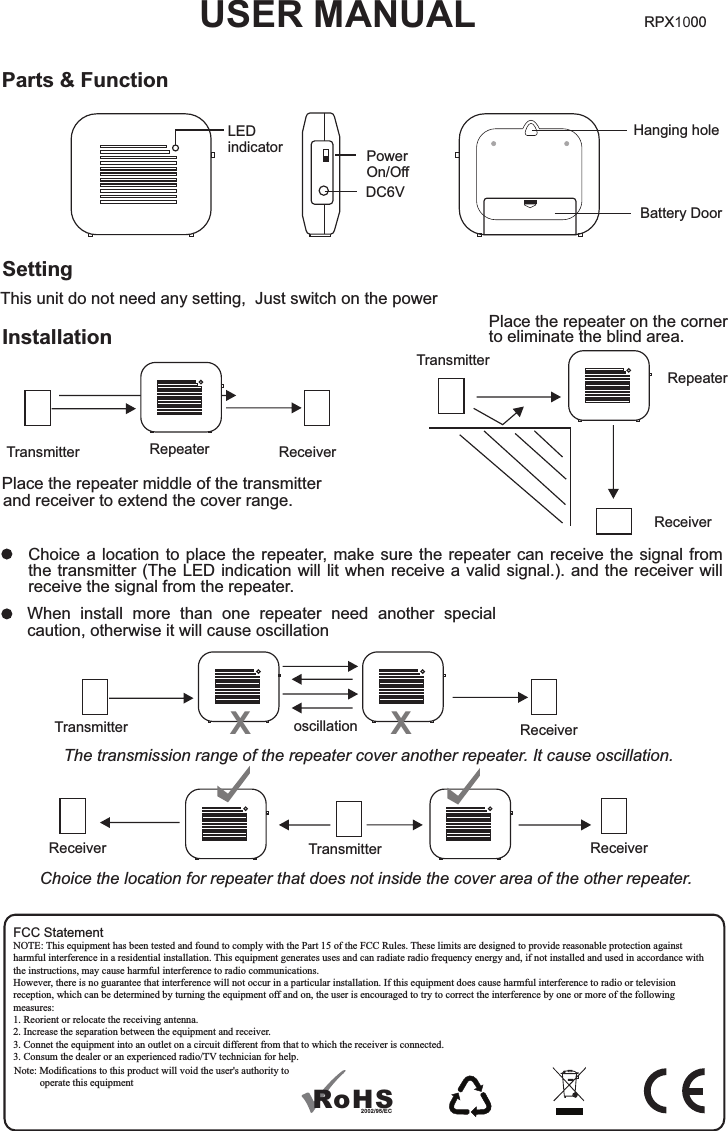 RoHS2002/95/ECFCC StatementNOTE: This equipment has been tested and found to comply with the Part 15 of the FCC Rules. These limits are designed to provide reasonable protection against harmful interference in a residential installation. This equipment generates uses and can radiate radio frequency energy and, if not installed and used in accordance with the instructions, may cause harmful interference to radio communications.However, there is no guarantee that interference will not occur in a particular installation. If this equipment does cause harmful interference to radio or television reception, which can be determined by turning the equipment off and on, the user is encouraged to try to correct the interference by one or more of the following measures:1. Reorient or relocate the receiving antenna.2. Increase the separation between the equipment and receiver.3. Connet the equipment into an outlet on a circuit different from that to which the receiver is connected.3. Consum the dealer or an experienced radio/TV technician for help.Note: Modiﬁcations to this product will void the user&apos;s authority to           operate this equipmentChoice a location to  place  the  repeater, make  sure  the  repeater can receive the signal from the transmitter (The LED indication will lit when receive a valid signal.). and the receiver  will receive the signal from the repeater.                                                    When  install  more  than  one  repeater  need  another  special caution, otherwise it will cause oscillationUSER MANUALParts &amp; FunctionLED indicator PowerOn/OffDC6VBattery DoorSettingInstallationThis unit do not need any setting,  Just switch on the power Hanging holePlace the repeater middle of the transmitter and receiver to extend the cover range.  Place the repeater on the corner to eliminate the blind area.TransmitterTransmitterTransmitterTransmitterReceiverReceiverReceiverReceiverReceiverRepeaterRepeateroscillation XXChoice the location for repeater that does not inside the cover area of the other repeater. The transmission range of the repeater cover another repeater. It cause oscillation. RPX1000