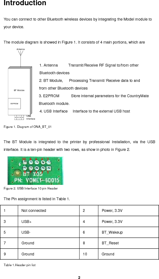   2BT ModuleUSBInferfaceAntennaEEPROMIntroduction  You can connect to other Bluetooth wireless devices by integrating the Model module to your device.  The module diagram is showed in Figure 1. It consists of 4 main portions, which are   1. Antenna          Transmit/Receive RF Signal to/from other Bluetooth devices   2. BT Module,      Processing Transmit/ Receive data to and from other Bluetooth devices 3. E2PROM           Store internal parameters for the CountryMate Bluetooth module. 4. USB Interface     Interface to the external USB host  Figure 1. Diagram of ONA_BT_01  The BT Module is integrated to the printer by professional Installation, via the USB interface. It is a ten-pin header with two rows, as show in photo in Figure 2.     Figure 2. USB Interface 10 pin Header The Pin assignment is listed in Table 1. Table 1.Header pin list 1  Not connected  2  Power, 3.3V 3 USB+  4  Power, 3.3V 5 USB-  6  BT_Wakeup 7 Ground  8  BT_Reset 9 Ground  10 Ground 10  8  6  4  2    9  7  5  3  1 